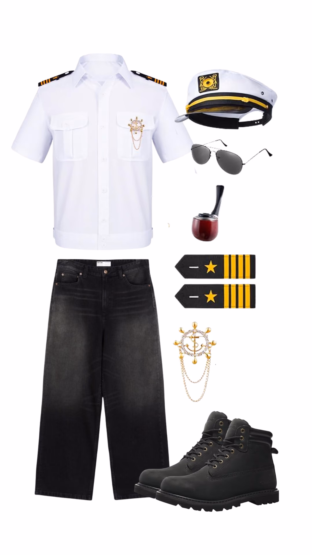 Sailor captain-inspired Halloween costume for men with white epauletted button-up shirt with gold anchor brooch, black wide-leg pants, white captain hat, aviator sunglasses, tobacco pipe prop, gold epaulette accessories, and black boots