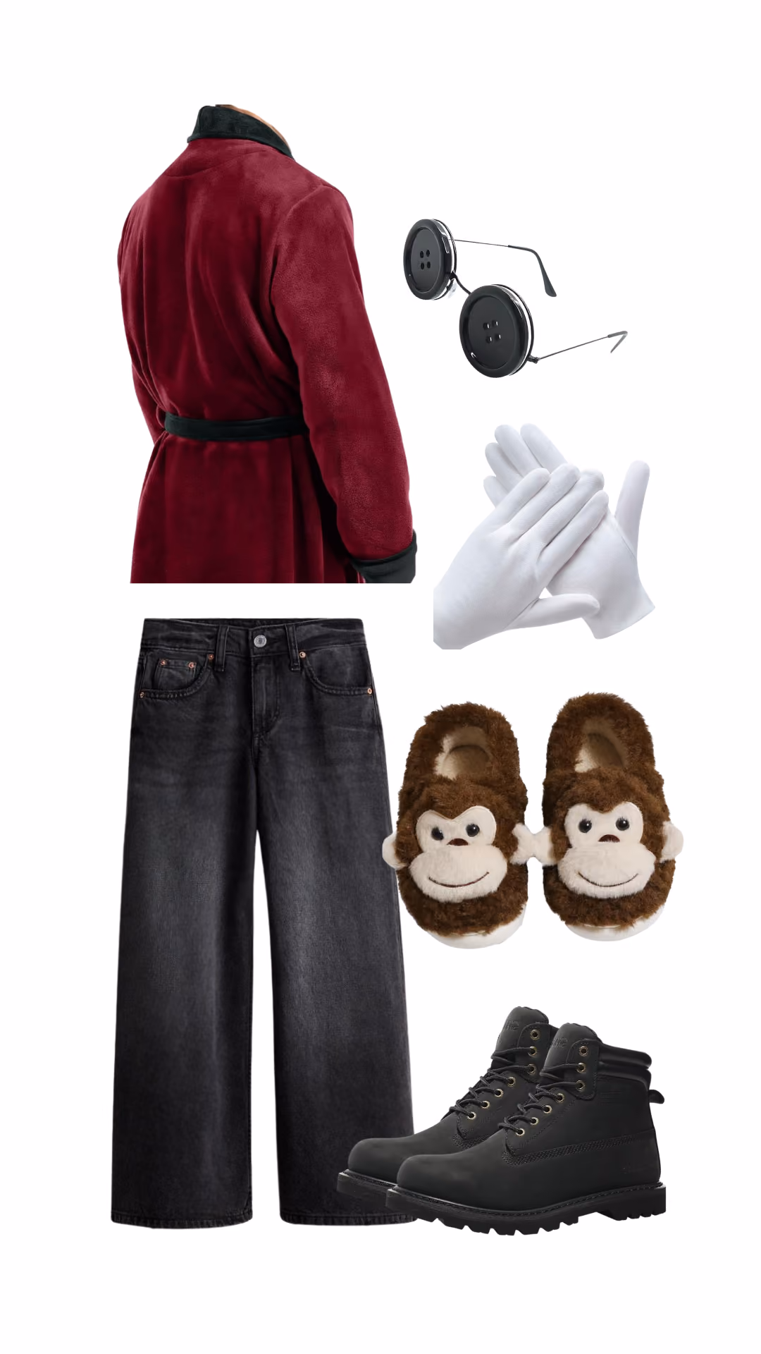 Coraline's Other Father-inspired Halloween costume for men with maroon velvet robe with black trim, black wide-leg jeans, round black button glasses, white gloves, brown monkey slippers, and black boots