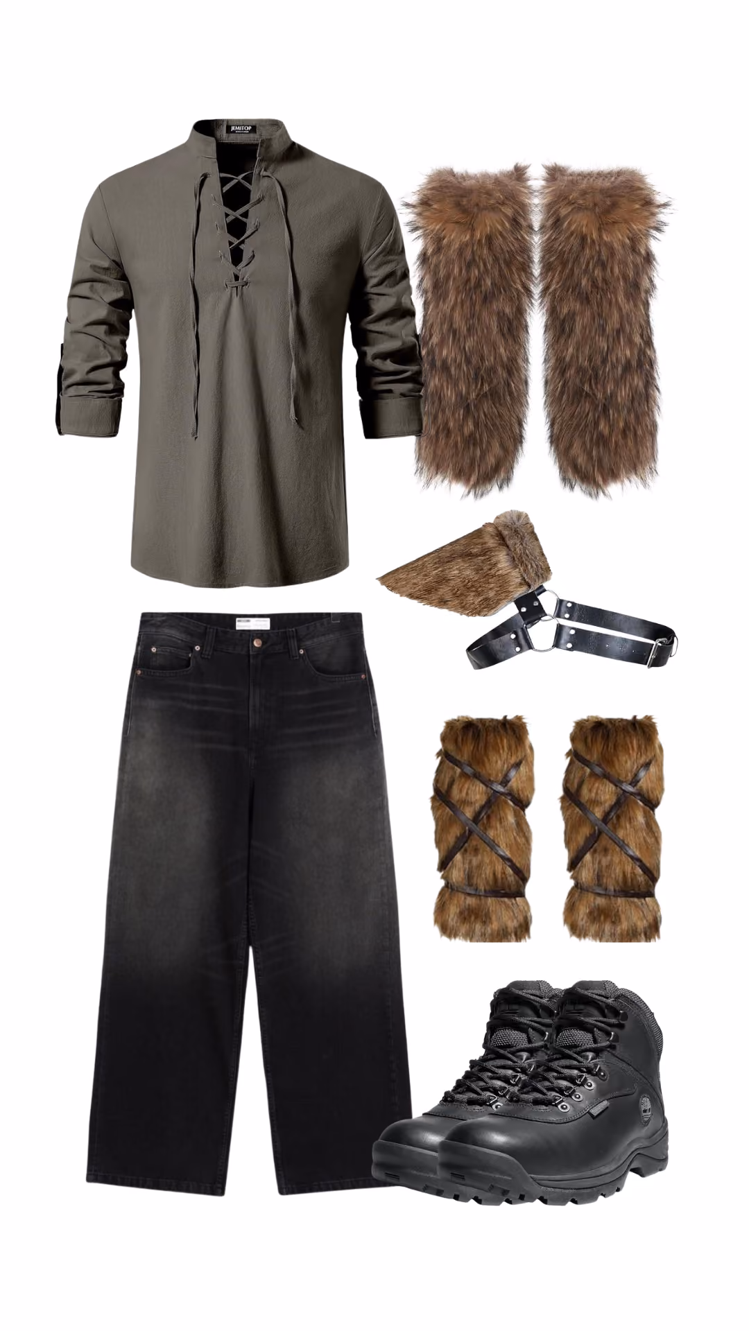 Hiccup (How to Train Your Dragon)-inspired Halloween costume for men with olive green lace-up tunic, black wide-leg pants, brown fur leg wraps, fur shoulder pouch with leather harness, and black hiking boots