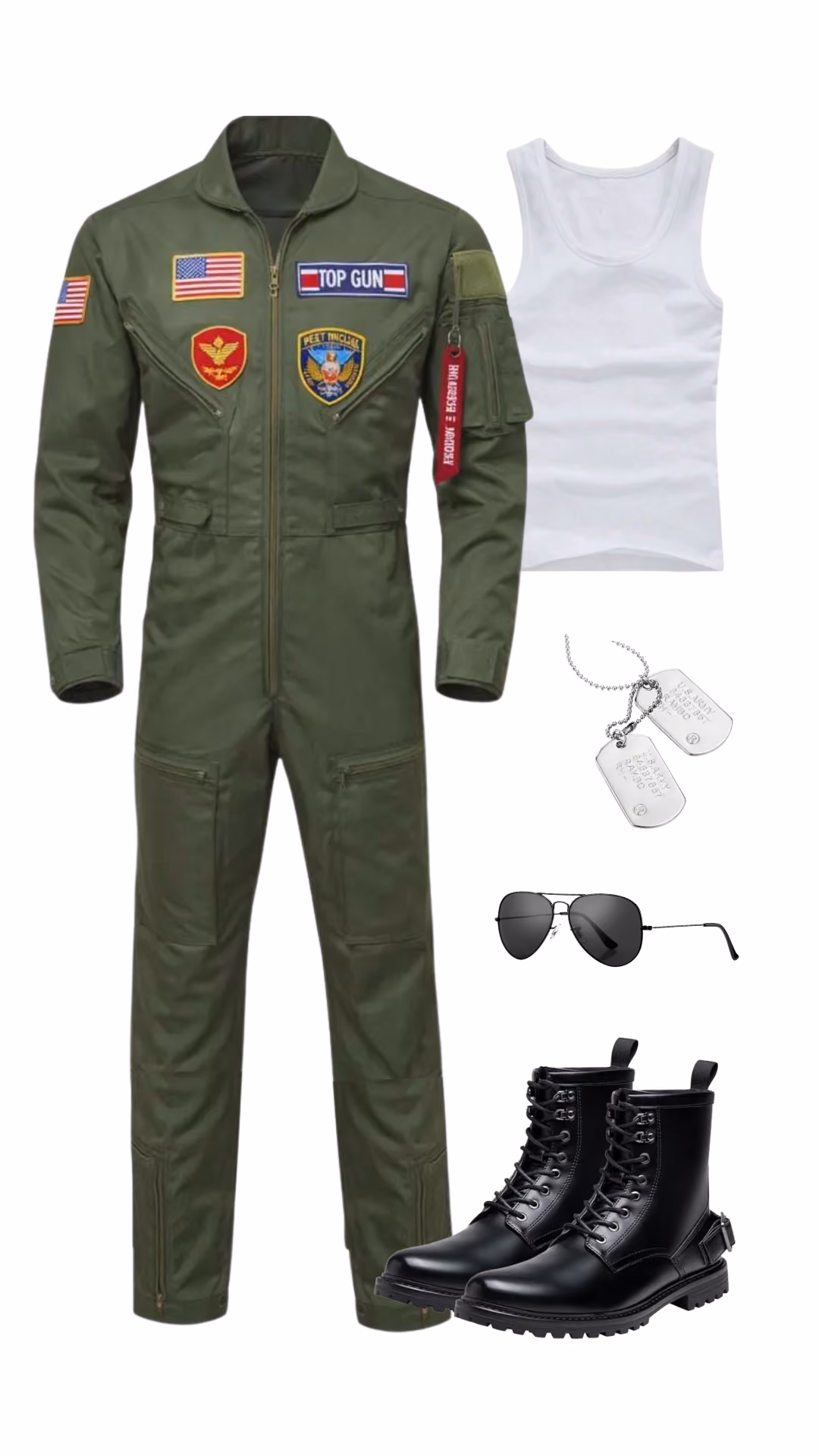 Top Gun-inspired Halloween costume for men with olive green flight suit with American flag and squadron patches, white tank top, silver dog tag necklaces, aviator sunglasses, and black lace-up combat boots