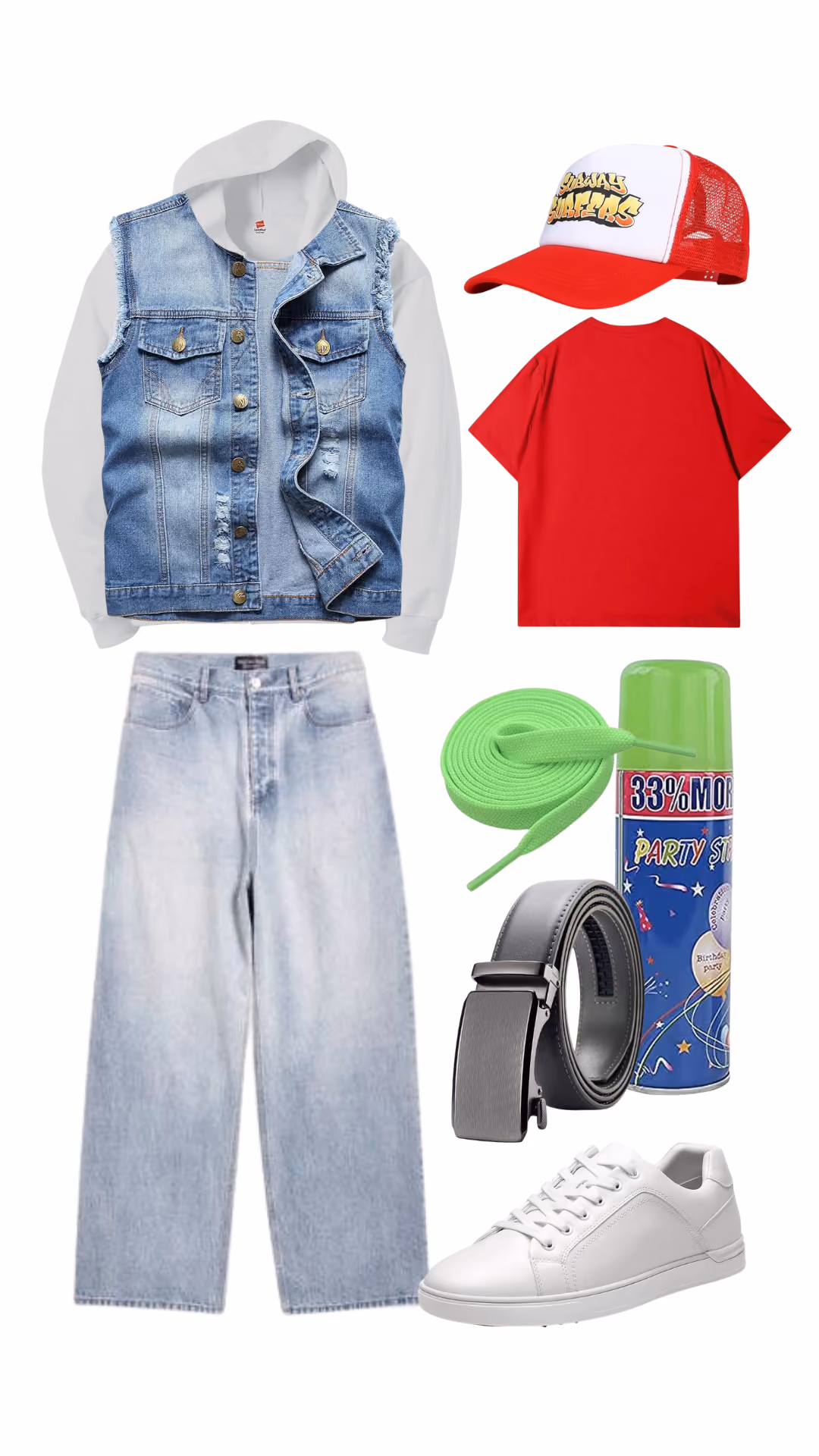 Subway Surfers-inspired Halloween costume for men with denim vest over white hoodie, red graphic t-shirt, red and white trucker cap, light wash wide-leg jeans, green shoelaces, black ratchet belt, spray paint can prop, and white sneakers