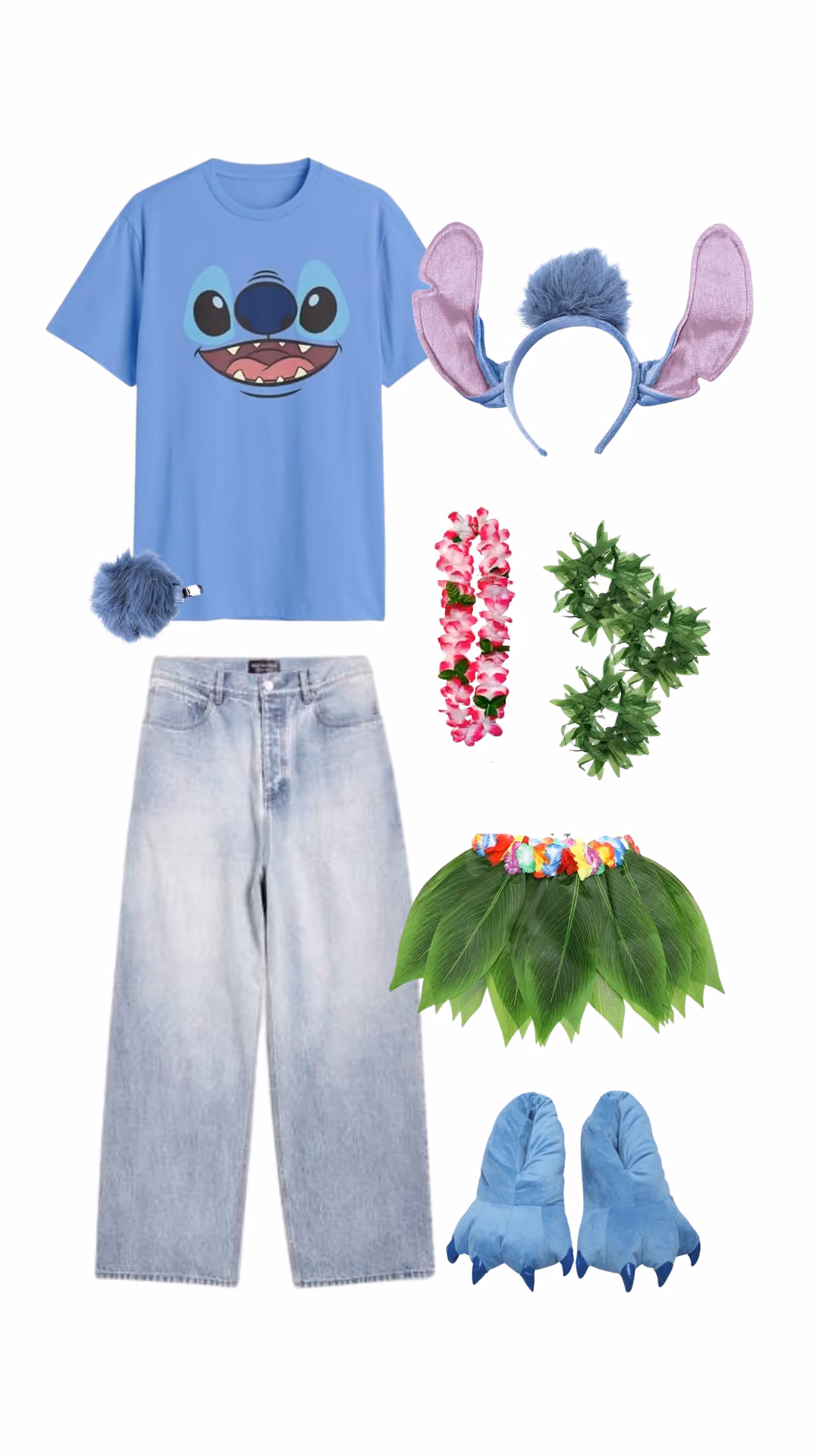 Stitch-inspired Halloween costume for men with blue Stitch graphic t-shirt, wide-leg light wash jeans, pink and blue ear headband, pink and green tropical leis, green leaf hula skirt, and blue Stitch paw slippers