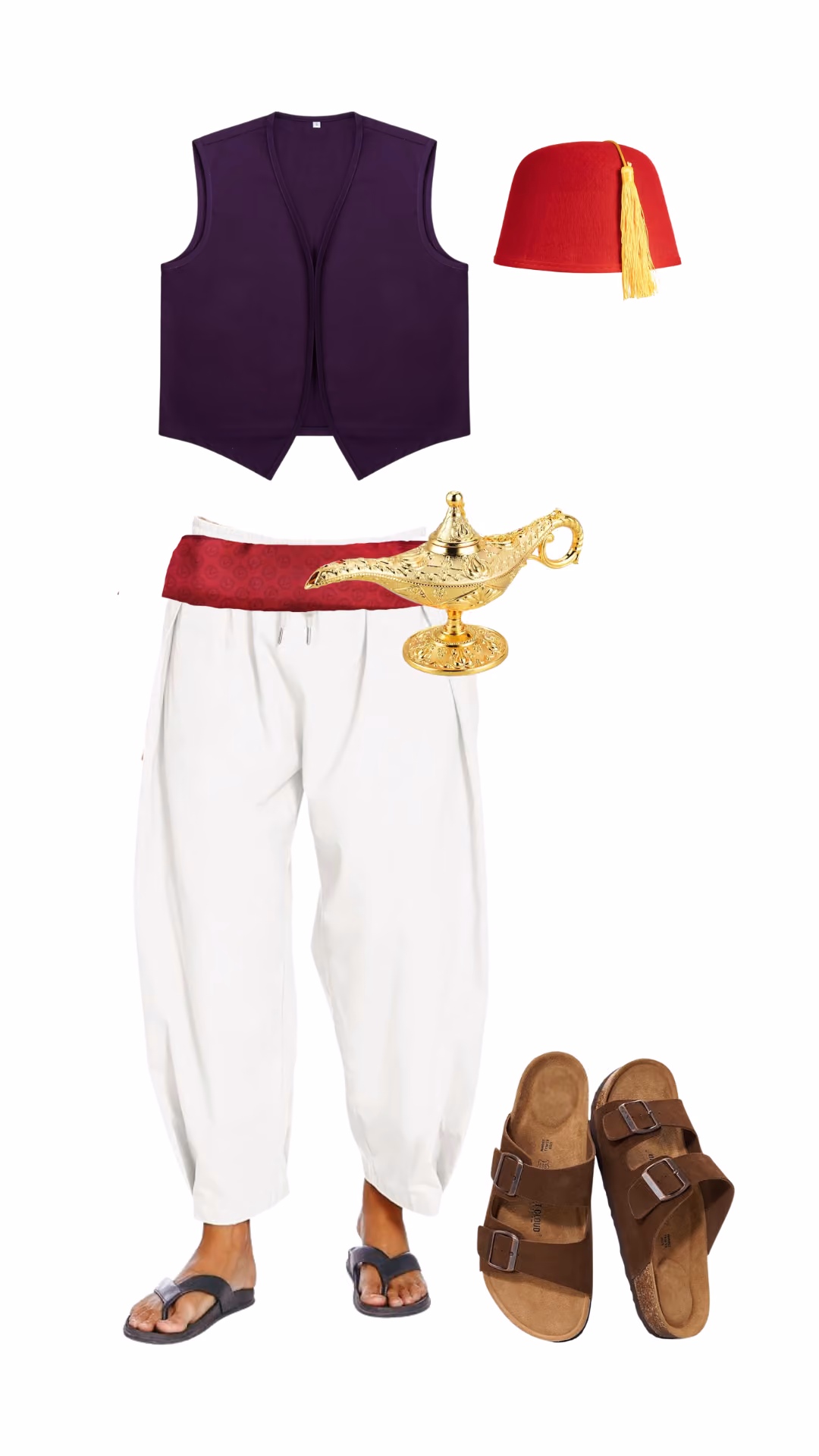 Aladdin-inspired Halloween costume for men with purple open vest, white harem pants with red sash, red fez hat with gold tassel, gold genie lamp prop, and brown buckle sandals