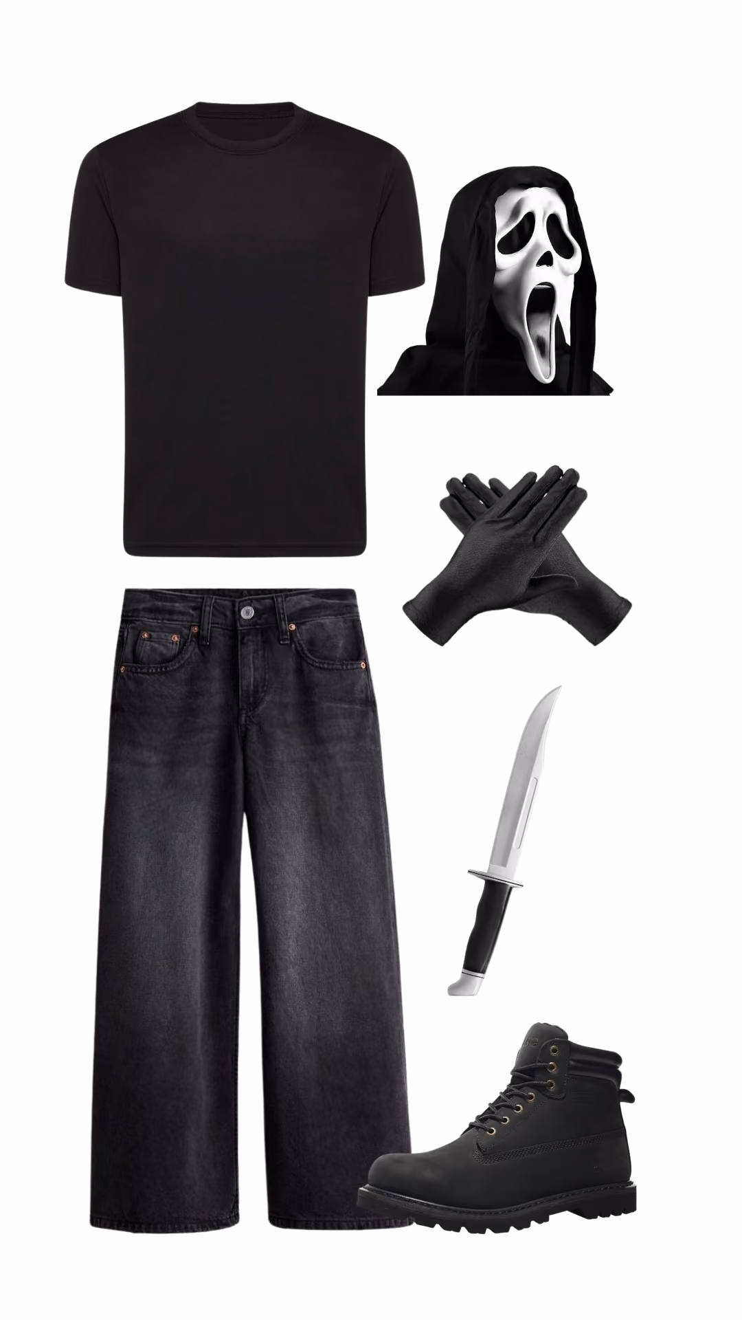 Scream Ghostface-inspired Halloween costume for men with black t-shirt, black wide-leg jeans, black hooded Ghostface mask, black gloves, prop knife, and black boots