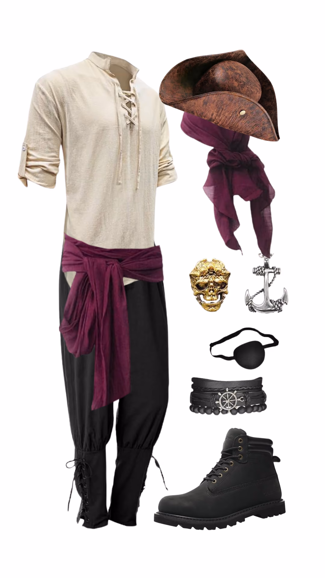 Pirate-inspired Halloween costume for men with cream lace-up tunic, black harem-style pants, burgundy sash headwrap, brown tricorn hat, gold skull ring, silver anchor pendant, black eye patch, black studded bracelet, and black boots