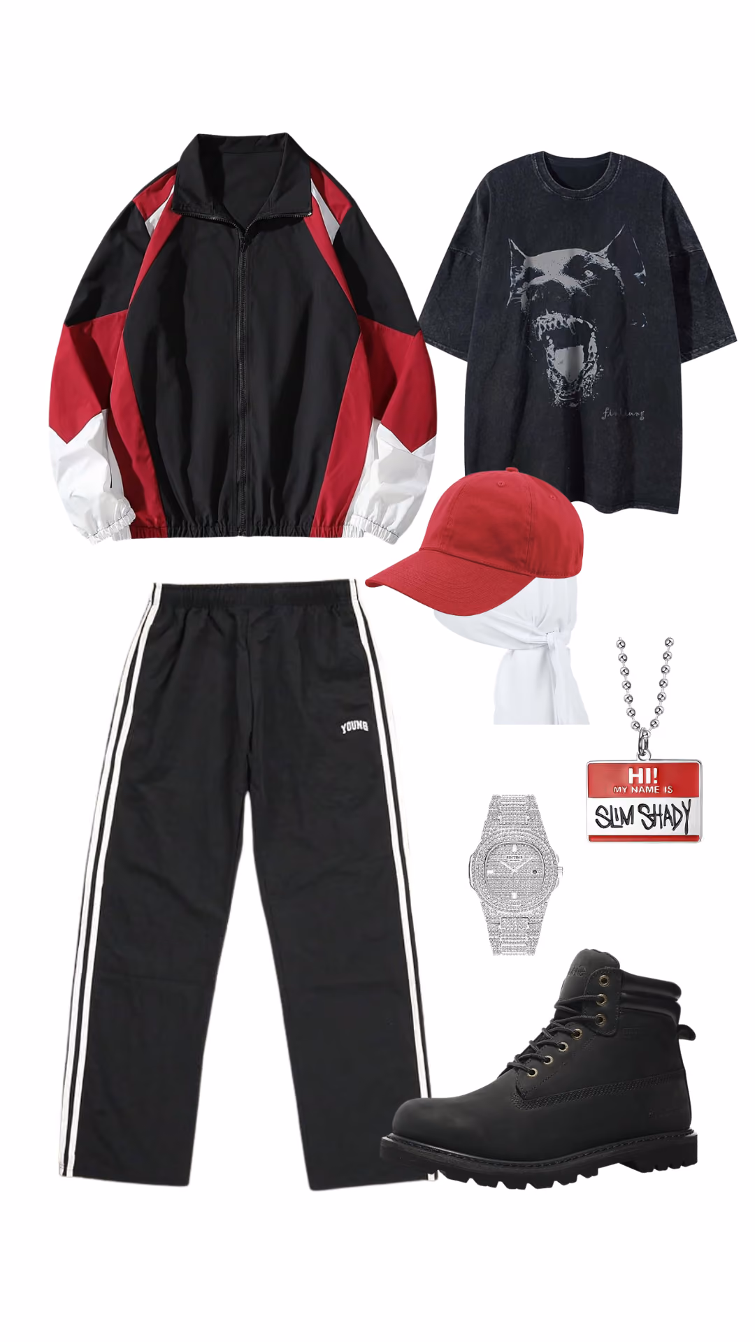 Eminem Slim Shady-inspired Halloween costume for men with black and red color-block windbreaker jacket, black track pants with white stripes, graphic t-shirt, red trucker cap, Slim Shady name tag necklace, iced-out watch, and black boots