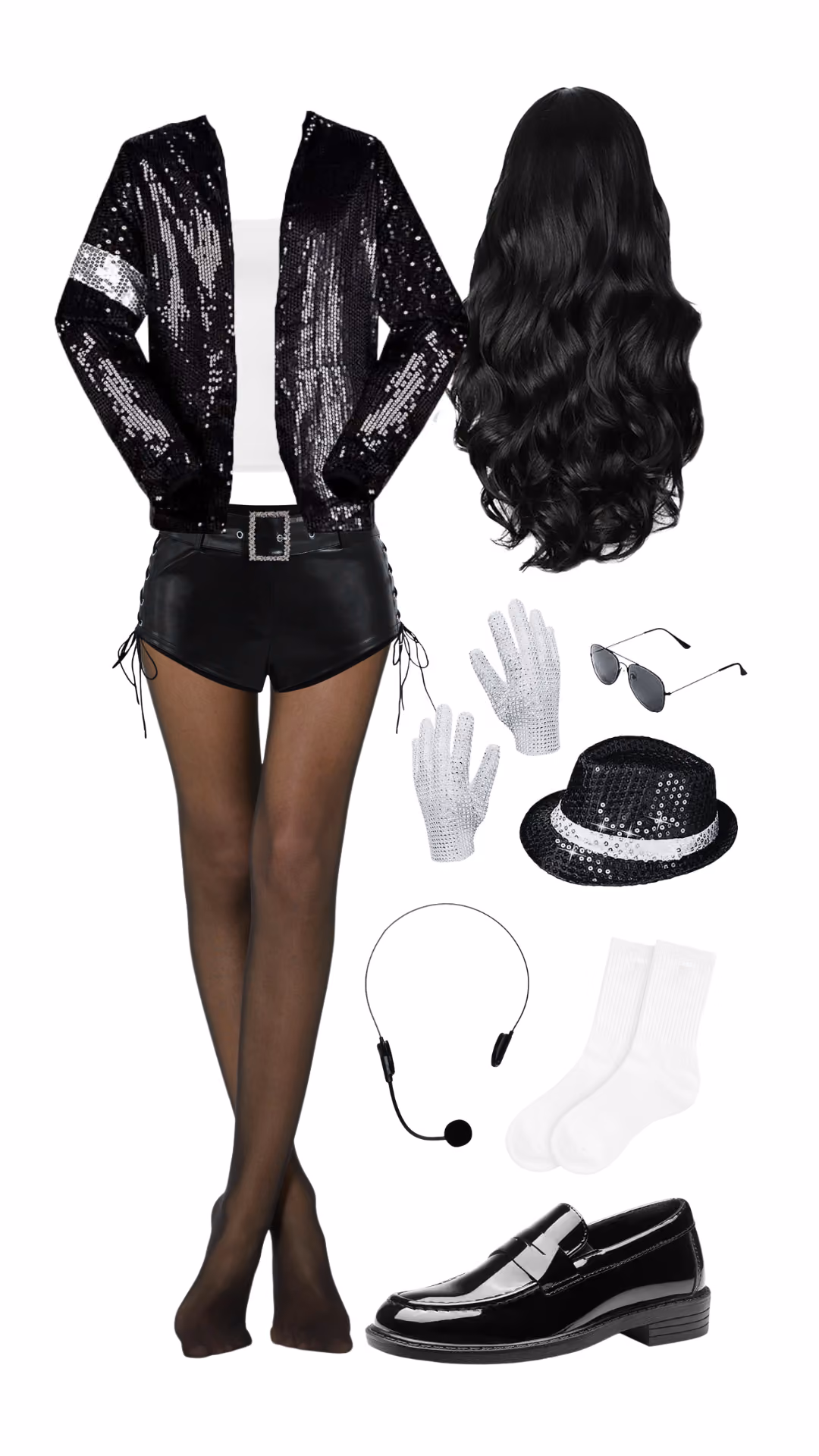 Michael Jackson-inspired Halloween costume with black sequin jacket, white top, black faux leather shorts with rhinestone belt, black wavy wig, white sequin gloves, aviator sunglasses, black sequin fedora hat, headset microphone, white crew socks, and black patent loafers