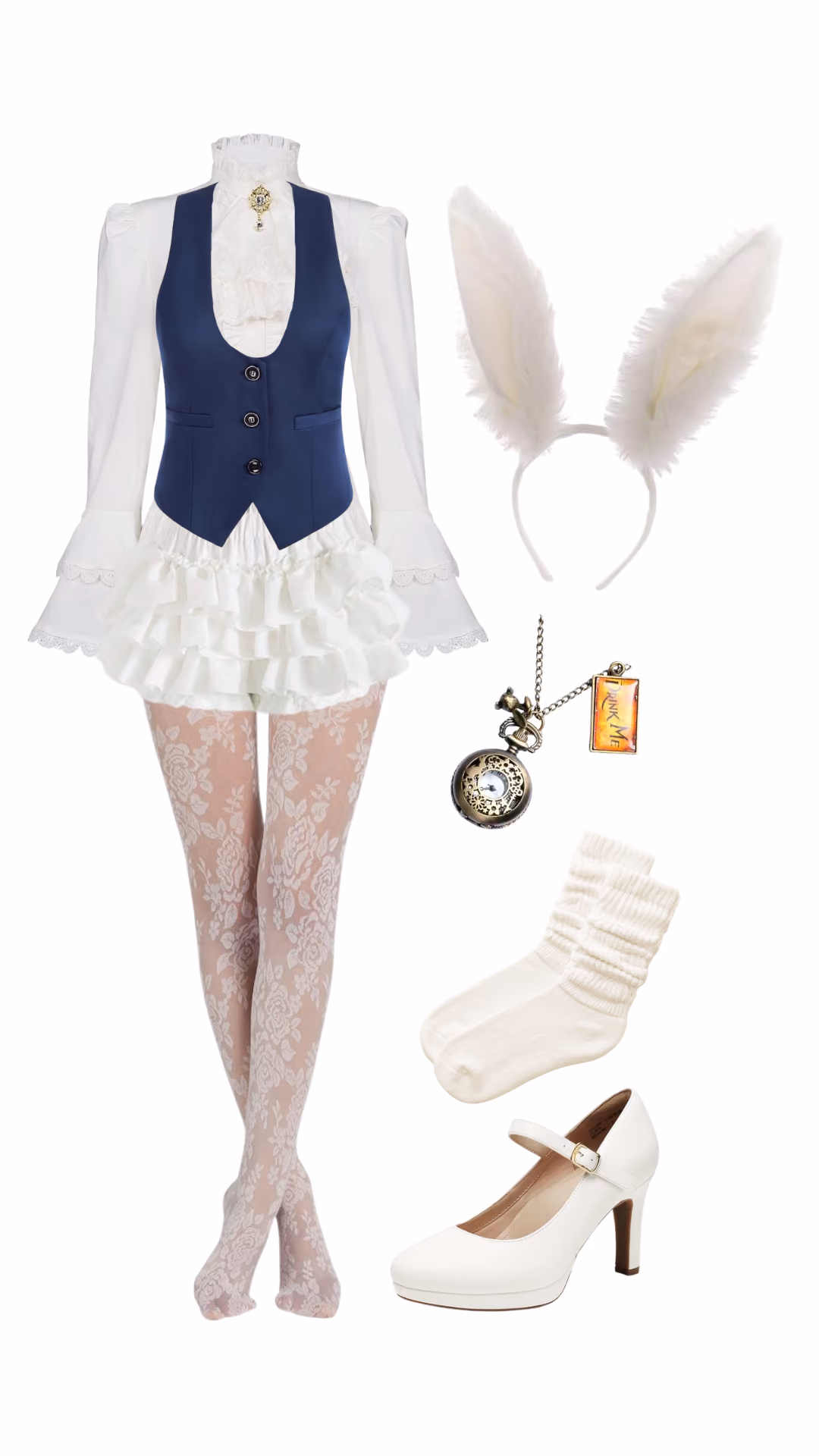 White Rabbit (Alice in Wonderland)-inspired Halloween costume with navy vest, white ruffled lace blouse, white ruffled shorts, white lace tights, bunny ear headband, pocket watch with 'Eat Me' tag, and white heels