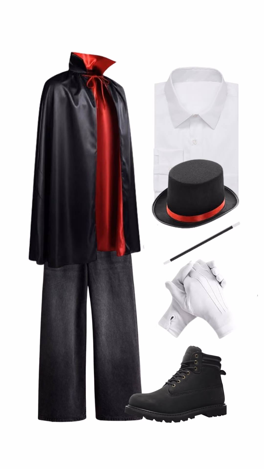 Magician-inspired Halloween costume for men with black and red satin-lined cape, white button-up shirt, black wide-leg pants, black top hat with red band, white gloves, magic wand prop, and black boots