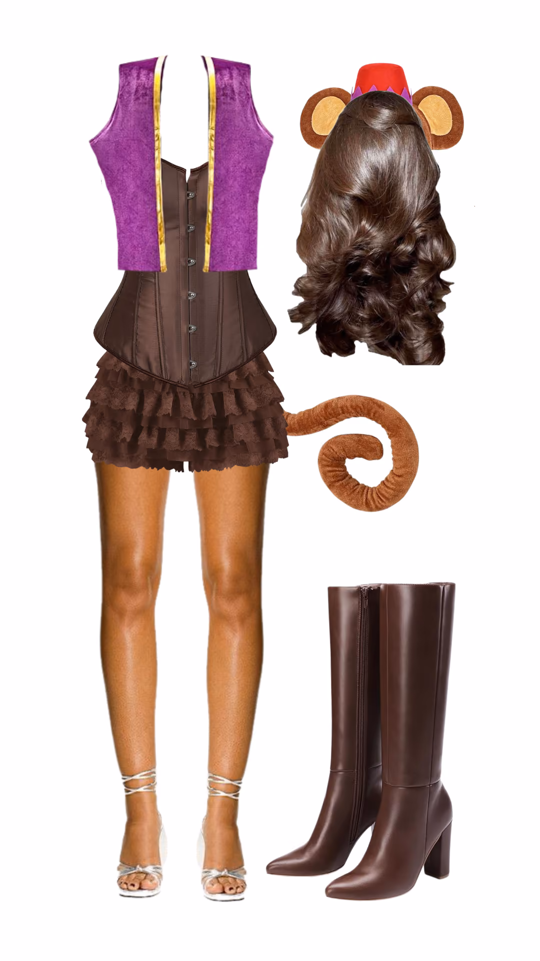 Abu (Aladdin)-inspired Halloween costume with purple velvet vest, brown lace-up corset, brown ruffled tiered mini skirt, monkey ear headband with fez hat, curly monkey tail, and brown knee-high boots