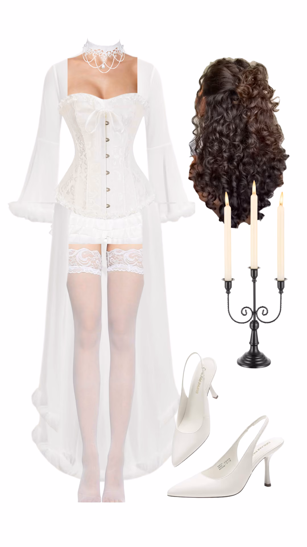 Christine Daae (Phantom of the Opera)-inspired Halloween costume with ivory lace-up corset, sheer bell-sleeve robe, lace choker with pearl drop, curly half-up brunette hairstyle, lace-top thigh-high stockings, white slingback heels, and black candelabra prop with lit candles