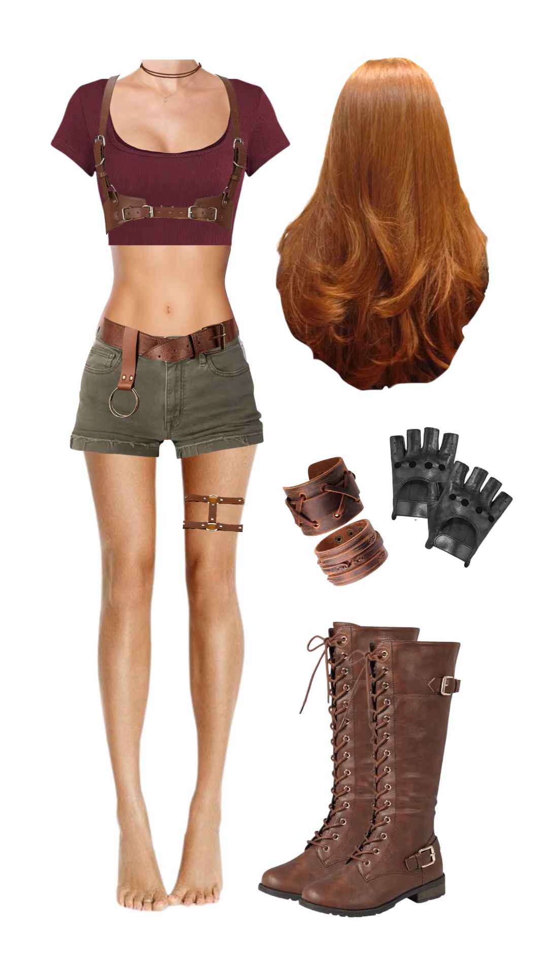 Ruby Roundhouse (Jumanji)-inspired Halloween costume with maroon crop top, brown leather harness, brown leather belt, olive green denim shorts, brown leather leg garter, brown leather cuff bracelets, fingerless black gloves, ginger wavy hair, and brown lace-up combat boots