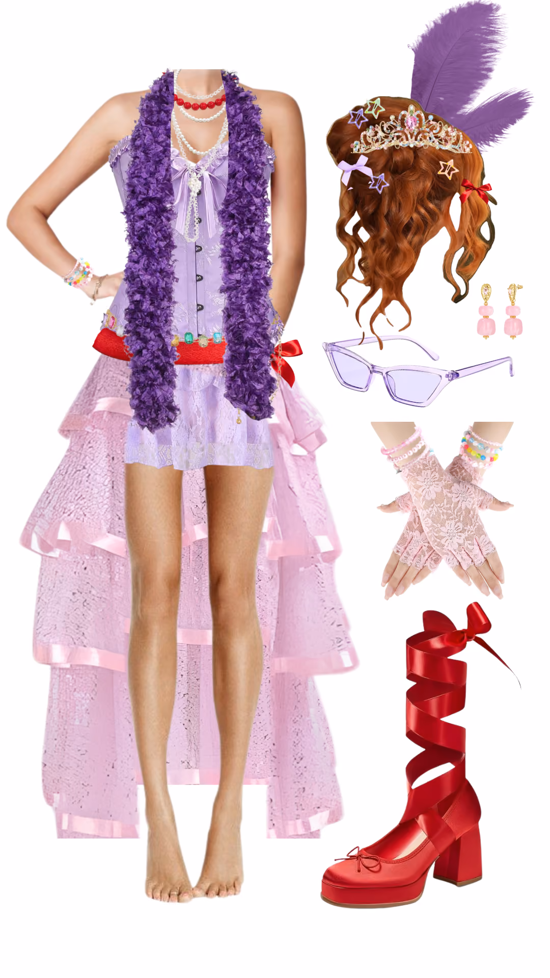 Fancy Nancy-inspired Halloween costume with lavender corset top, layered pearl necklaces, purple feather boa, red belt, tiered pink ruffle skirt train, jeweled tiara with purple feathers, lavender cat-eye sunglasses, pink lace fingerless gloves, and red ribbon-lace platform heels