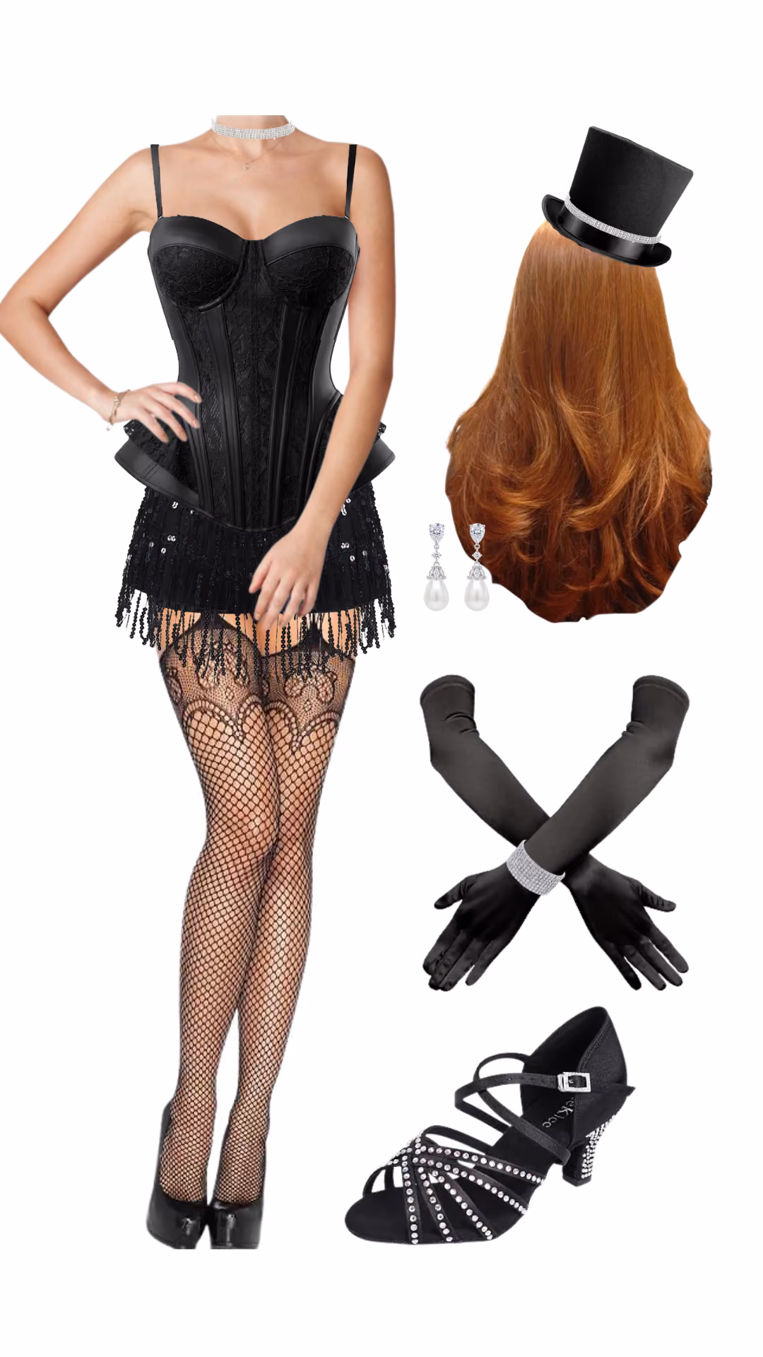 Satine (Moulin Rouge)-inspired red heads Halloween costume with black lace-up corset with fringe peplum skirt, black fishnet stockings, black platform heels, black rhinestone-trim top hat, pearl drop earrings, and long wavy auburn hair