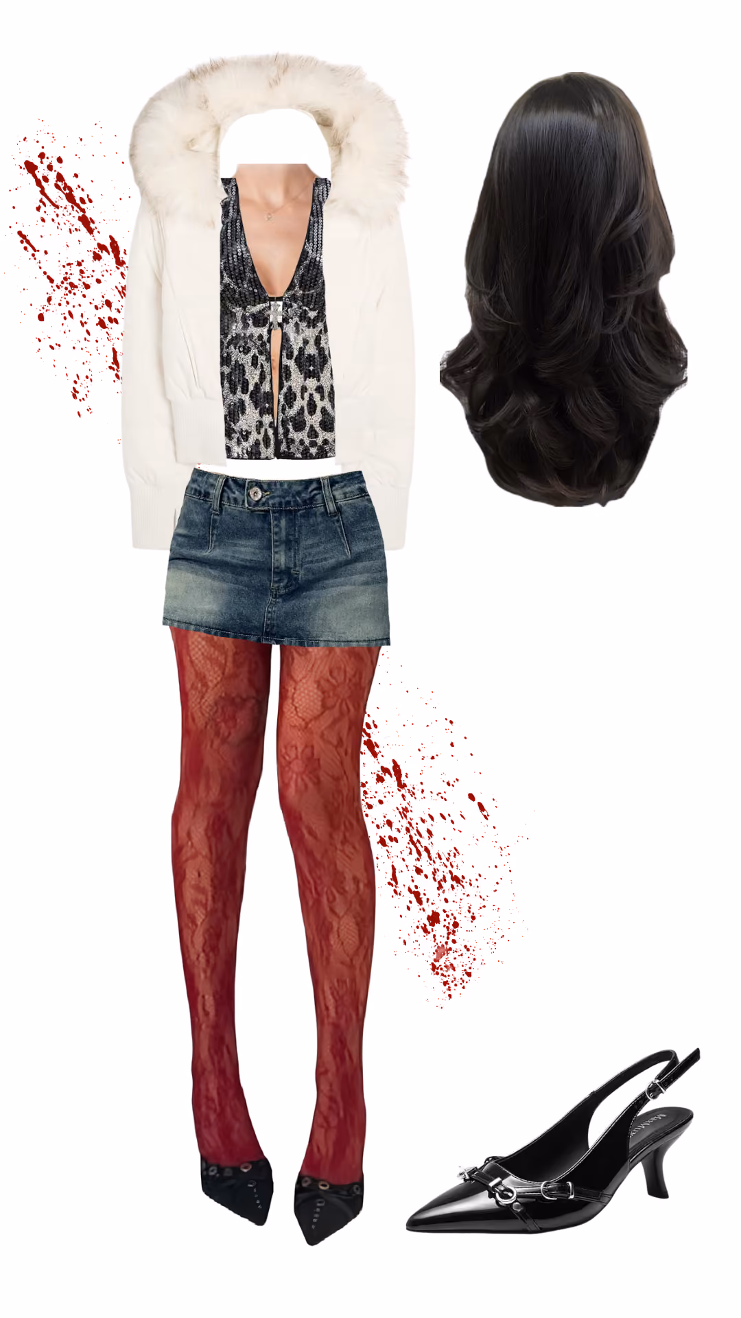 Jennifer Check (Jennifer's Body)-inspired horror Halloween costume with ivory fur-hood jacket, black and silver sequin leopard-print crop top, denim mini skirt, red lace tights, black wavy wig, blood splatter, and black slingback heels