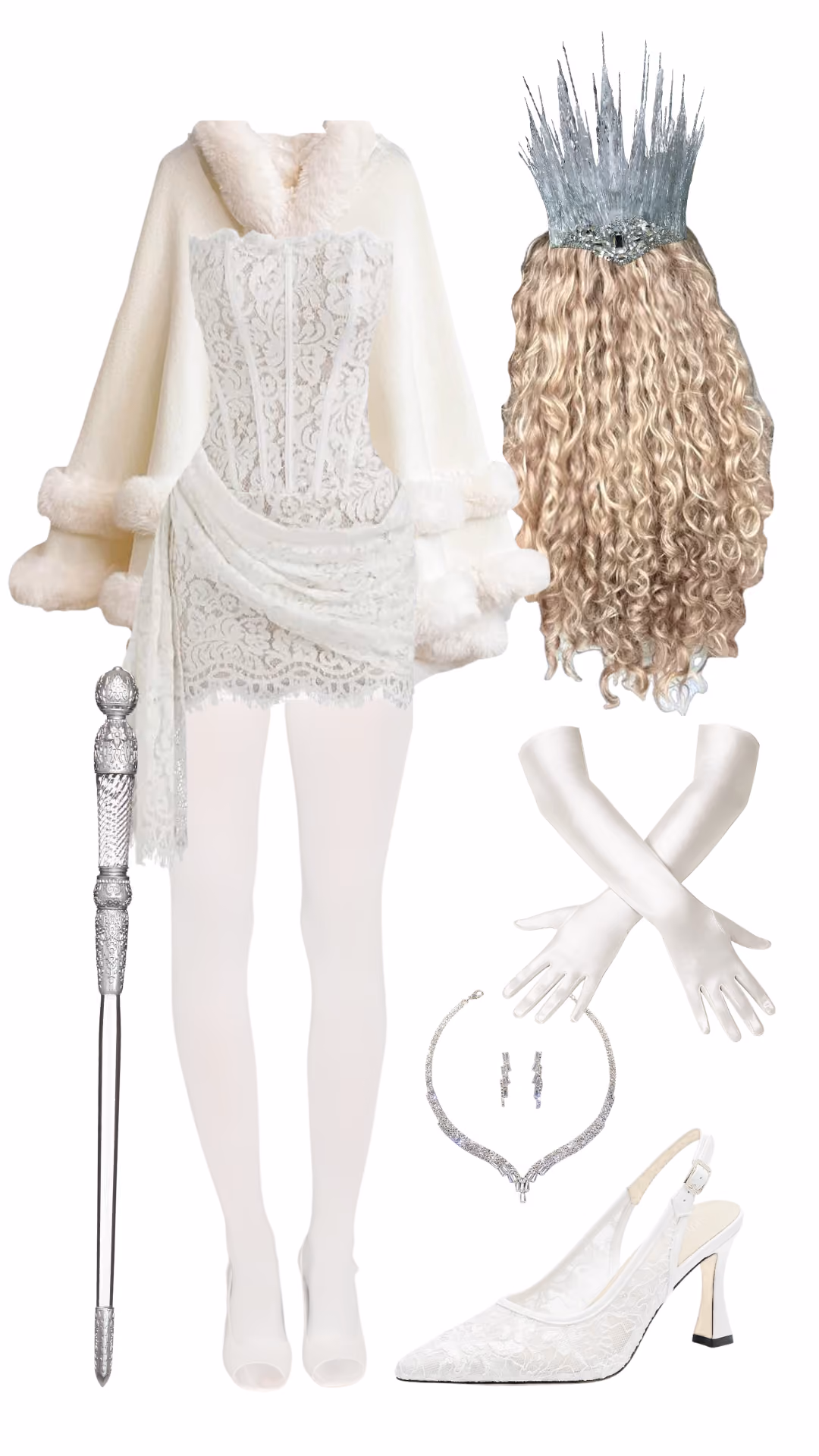 White Witch (Narnia)-inspired Halloween costume with ivory fur-trimmed cape, ivory lace corset dress, silver ice crown, curly blonde wig, white satin opera gloves, silver rhinestone necklace and earrings, silver staff prop, and white lace slingback heels