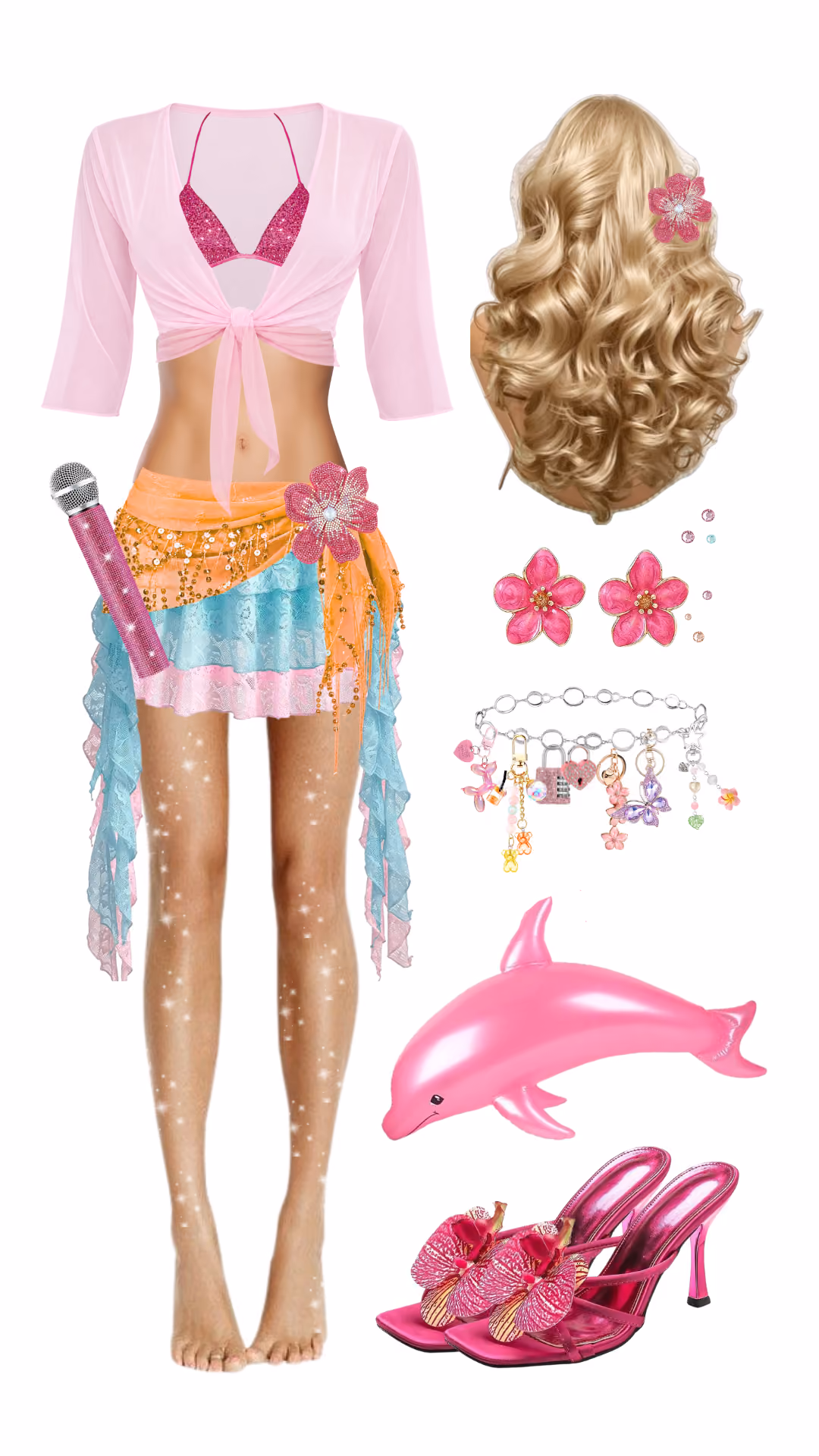Zara Larsson-inspired Halloween costume with pink sheer tie-front cover-up, hot pink sequin bikini top, layered orange and blue lace sarong skirt with rhinestone flower, curly blonde wig, pink flower earrings, charm bracelet, pink inflatable dolphin prop, pink microphone prop, and magenta orchid heeled sandals