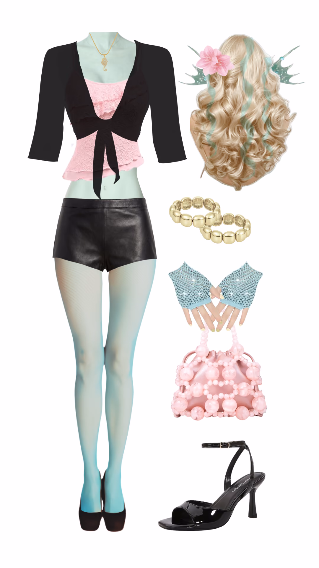 Lagoona Blue (Monster High)-inspired Halloween costume with black cropped tie-front cardigan over pink lace bralette, black faux leather shorts, mint ombre fishnet tights, blonde and mint wavy wig with fin hair clips, gold seahorse pendant necklace, mint fishnet fingerless gloves, pink beaded clutch bag, and black ankle-strap heels