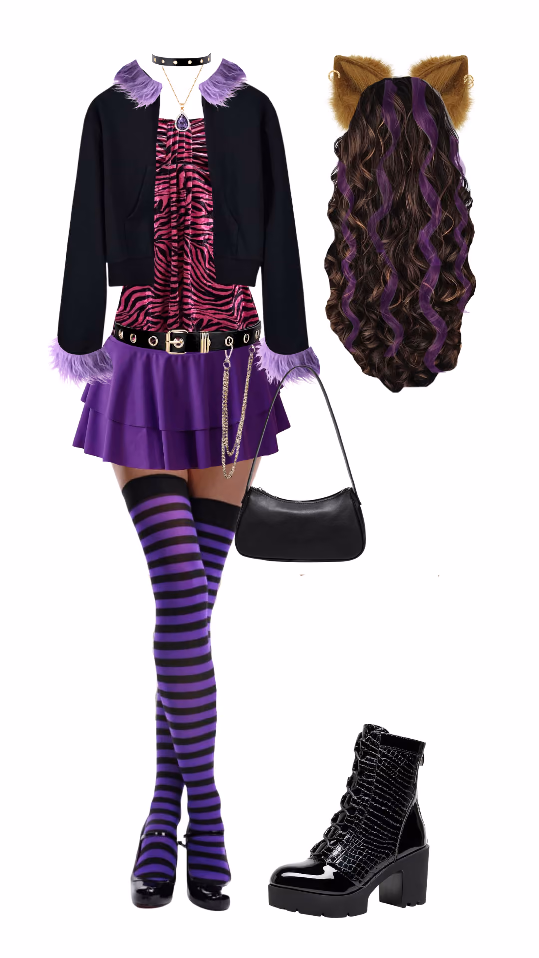 Clawdeen Wolf (Monster High)-inspired Halloween costume with black cropped jacket with lavender faux fur trim over pink and black zebra-print dress, purple tiered mini skirt, black studded choker, purple gem pendant necklace, purple and brown wolf-ear wig with fur ear clips, black shoulder bag, purple and black striped thigh-high socks, and black patent platform boots