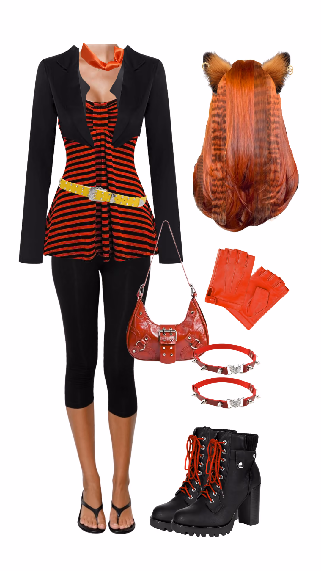 Toralei Stripe (Monster High)-inspired Halloween costume with black blazer over red and black striped corset top, black leggings, yellow studded belt, orange tabby-striped wig with cat ear clips, red satin neck scarf, red fingerless gloves, red patent shoulder bag, red spiked choker collars, and black lace-up heeled combat boots