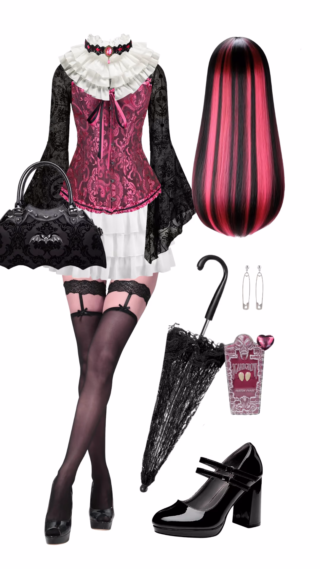 Draculaura (Monster High)-inspired Halloween costume with white ruffled Victorian collar, pink cameo choker, magenta damask corset, sheer black lace bell-sleeve jacket, white tiered ruffle skirt, black lace-top thigh-high stockings, black bat-motif handbag, black lace parasol, and pink and black striped long wig