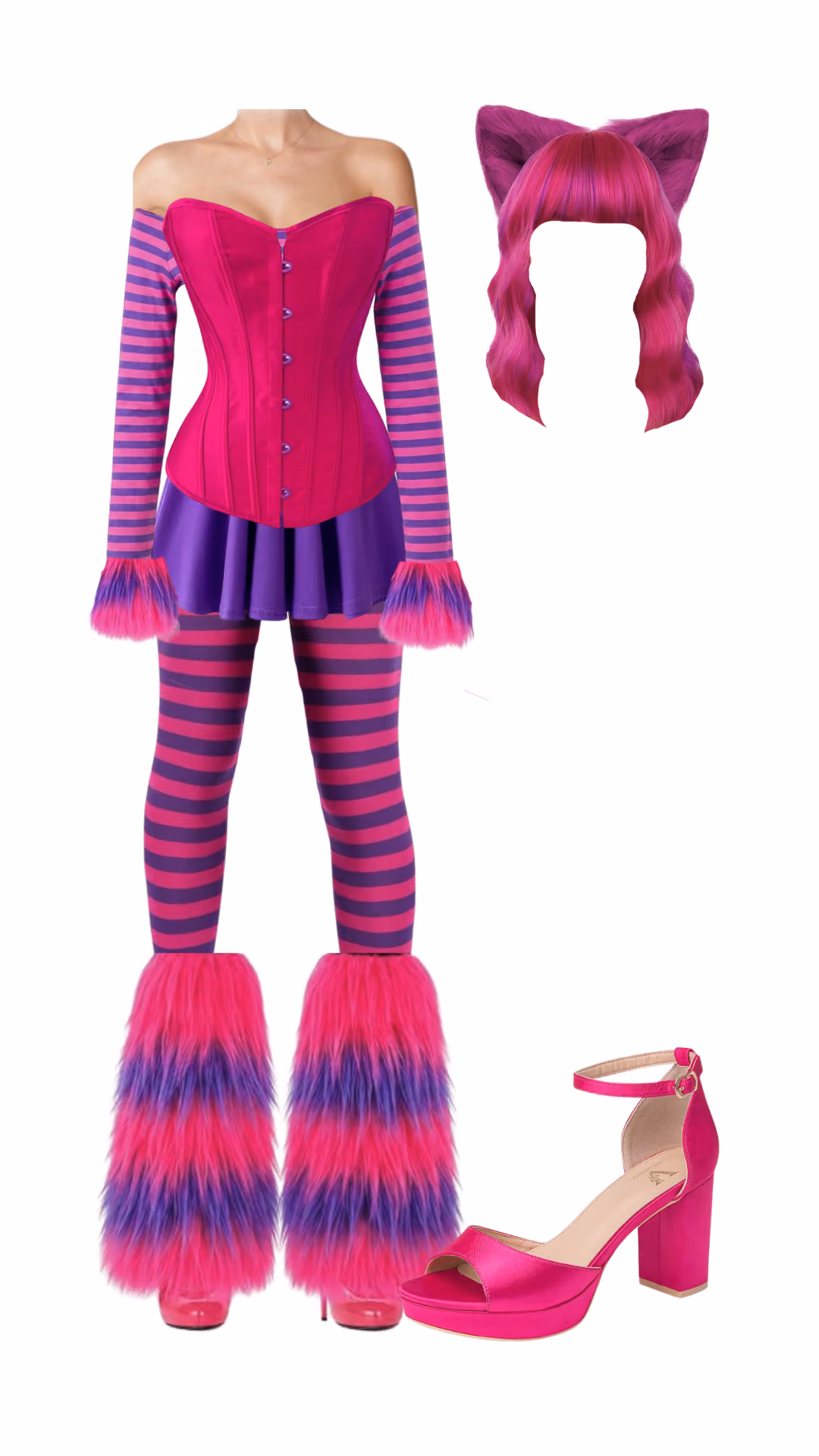 Cheshire Cat-inspired Halloween costume with hot pink corset with purple and pink striped sleeves, purple pleated mini skirt, pink and purple striped tights, pink cat-ear wig, pink and purple furry leg warmers, and magenta platform heels