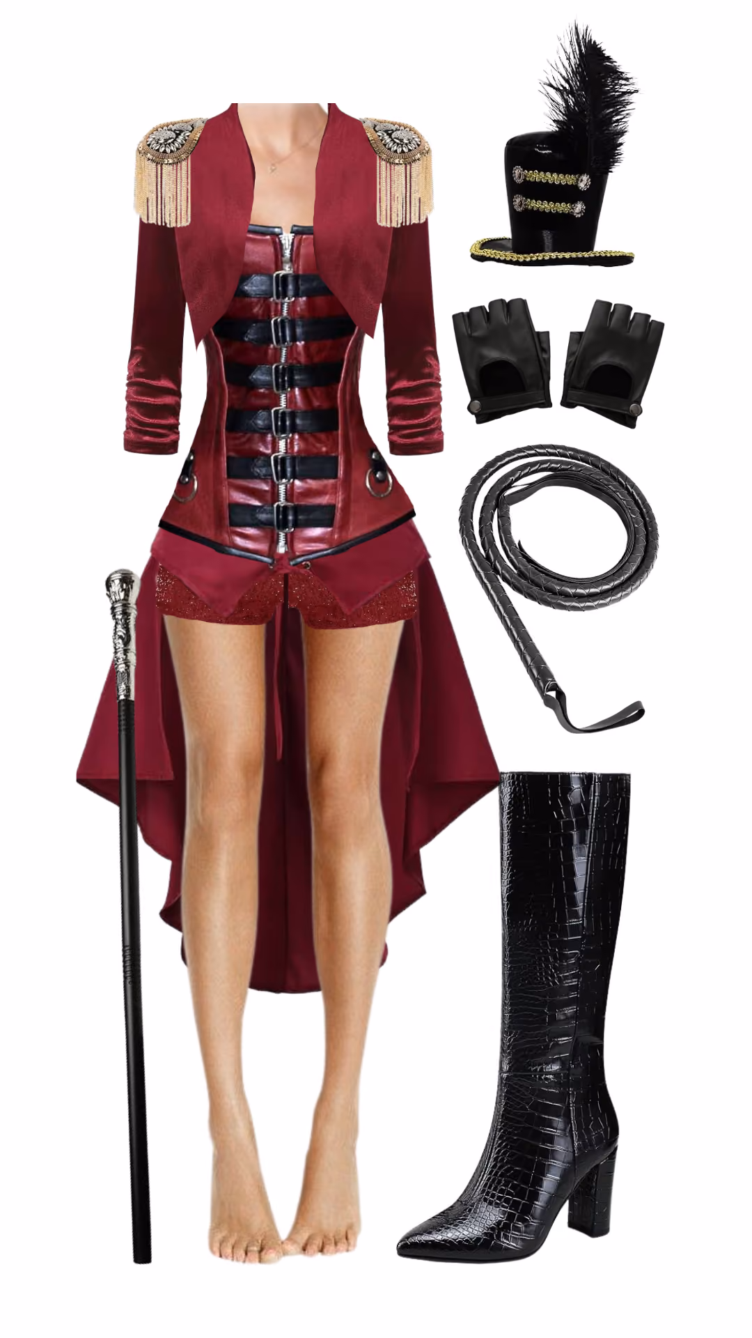 Lion Tamer-inspired Halloween costume with burgundy velvet military jacket with beaded fringe epaulettes, burgundy faux-leather buckle corset, burgundy ruffle shorts with sheer train, black feather-plume ringmaster hat, black fingerless gloves, black leather whip prop, and black crocodile-embossed knee-high boots