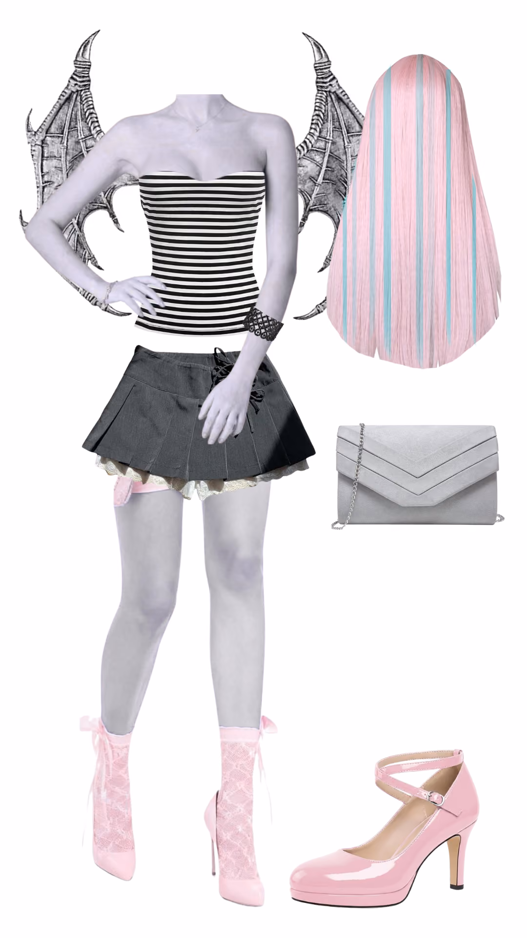 Toralei Stripe (Monster High)-inspired Halloween costume with black blazer over red and black striped corset top, black leggings, yellow studded belt, orange tabby-striped wig with cat ear clips, red satin neck scarf, red fingerless gloves, red patent shoulder bag, red spiked choker collars, and black lace-up heeled combat boots