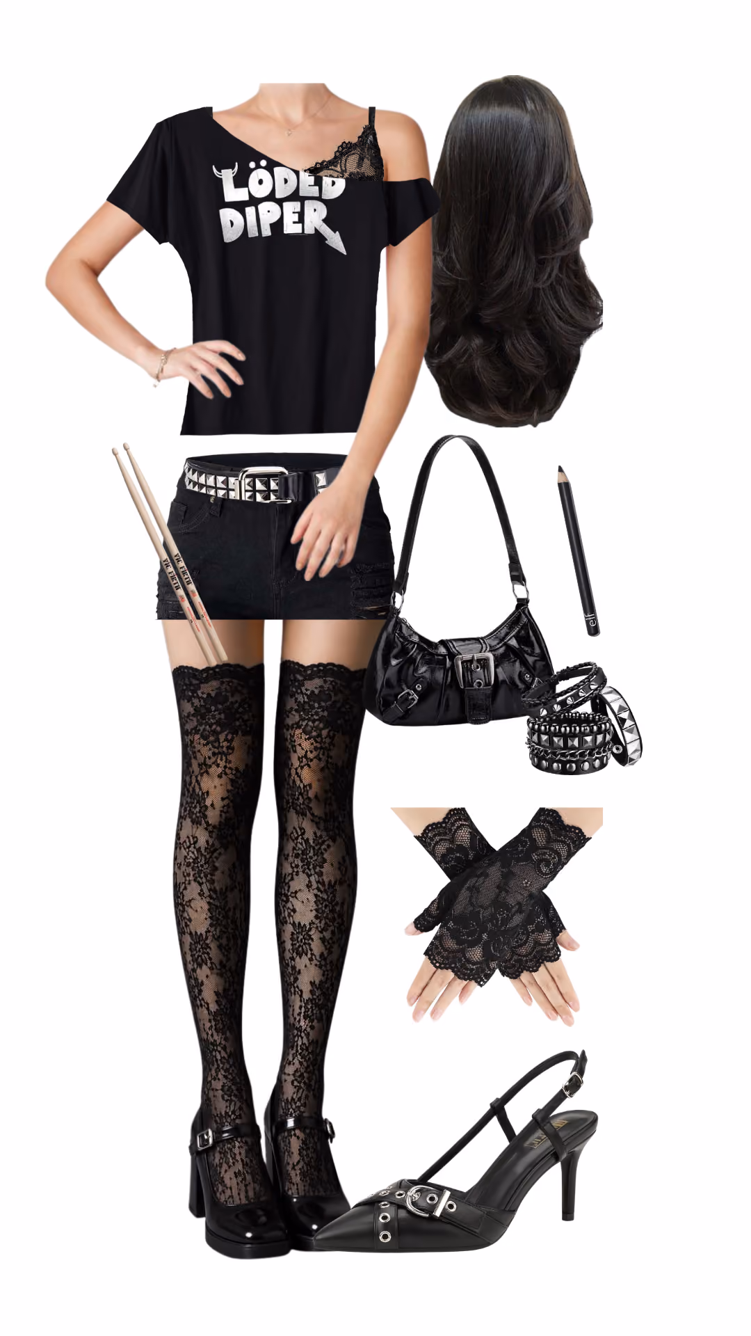 Rodrick Heffley (Diary of a Wimpy Kid)-inspired Halloween costume with black off-shoulder Loded Diper band graphic top with lace cami underlay, black ripped denim mini skirt with studded belt, black lace thigh-high stockings, black platform boots, long black wavy wig, drumsticks prop, black quilted shoulder bag, and stacked studded bracelets