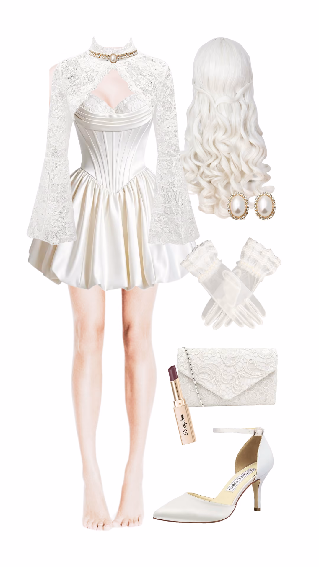 Rosetta (Disney Fairies)-inspired Halloween costume with coral satin cowl-neck mini dress, iridescent fairy wings, floral hair vine and half-up hairstyle, pink feather clutch bag, and coral floral strappy heeled sandals