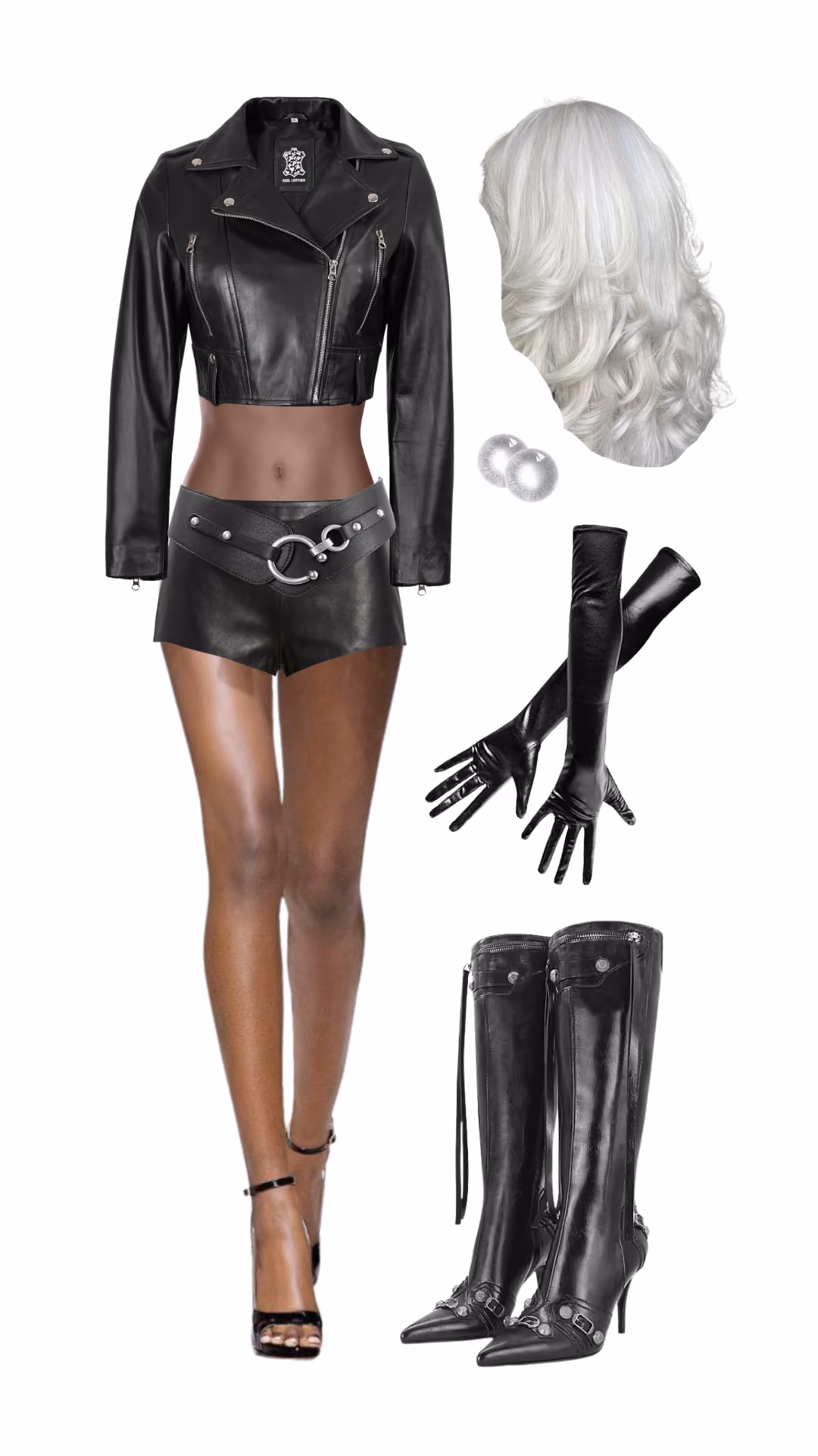 Storm (X-Men)-inspired Halloween costume with black cropped leather moto jacket, black leather shorts with O-ring belt, long white wavy wig, white contact lenses, black opera-length gloves, and black knee-high buckle boots