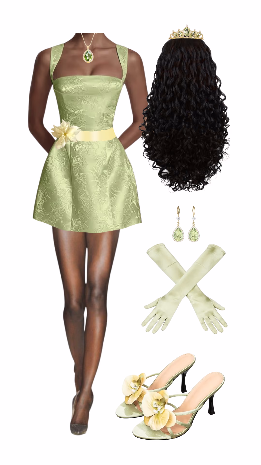 Tiana (Princess and the Frog)-inspired Halloween costume with sage green brocade fit-and-flare mini dress, yellow satin sash with flower, gold tiara, long curly black wig, peridot drop earrings, sage green satin opera gloves, and sage green orchid strappy heeled sandals