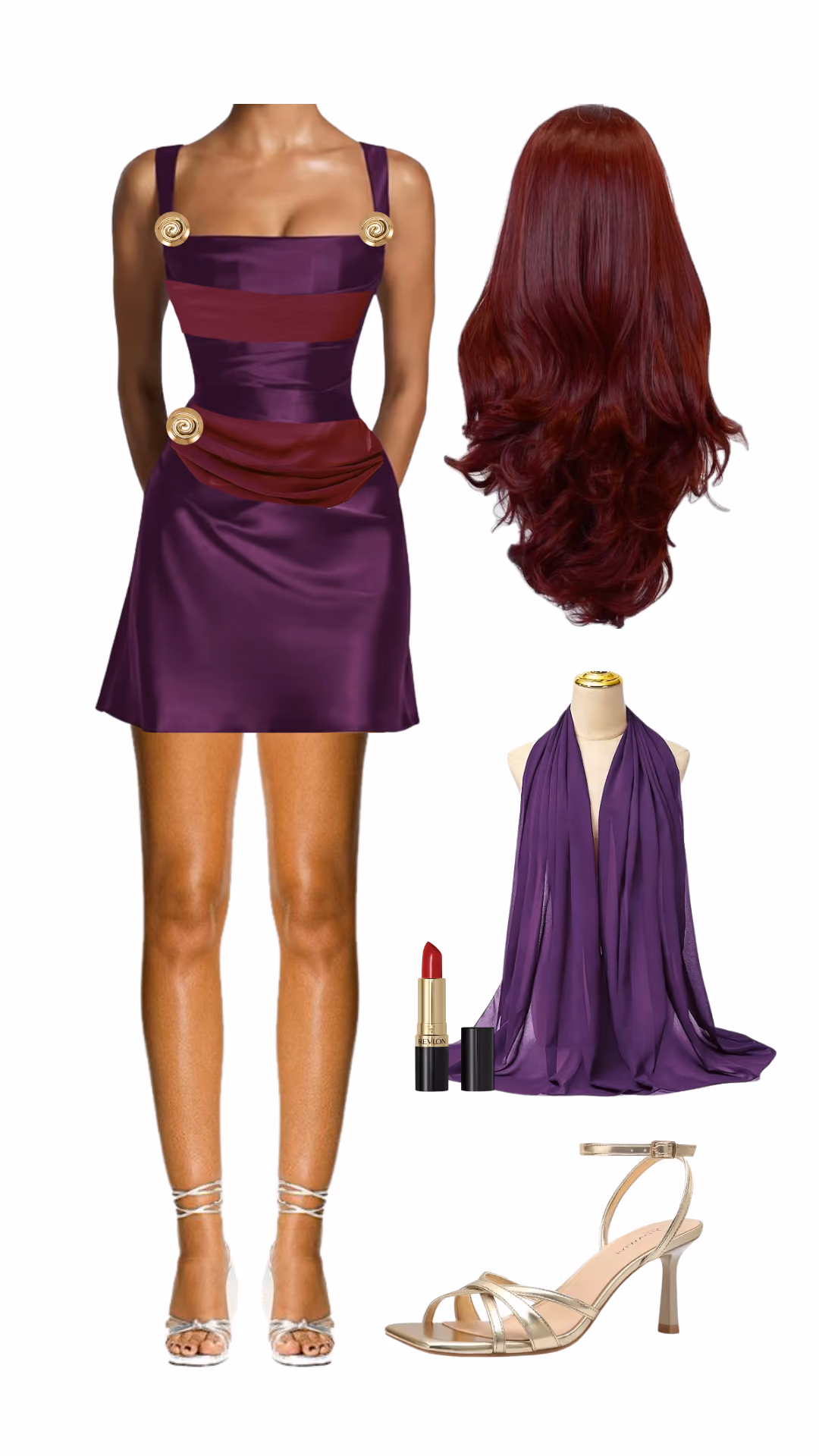 Megara (Hercules)-inspired Halloween costume with purple satin gold-button slip dress with burgundy wrap accent, long wavy auburn wig, purple sheer wrap scarf, red lipstick, and gold strappy heeled sandals