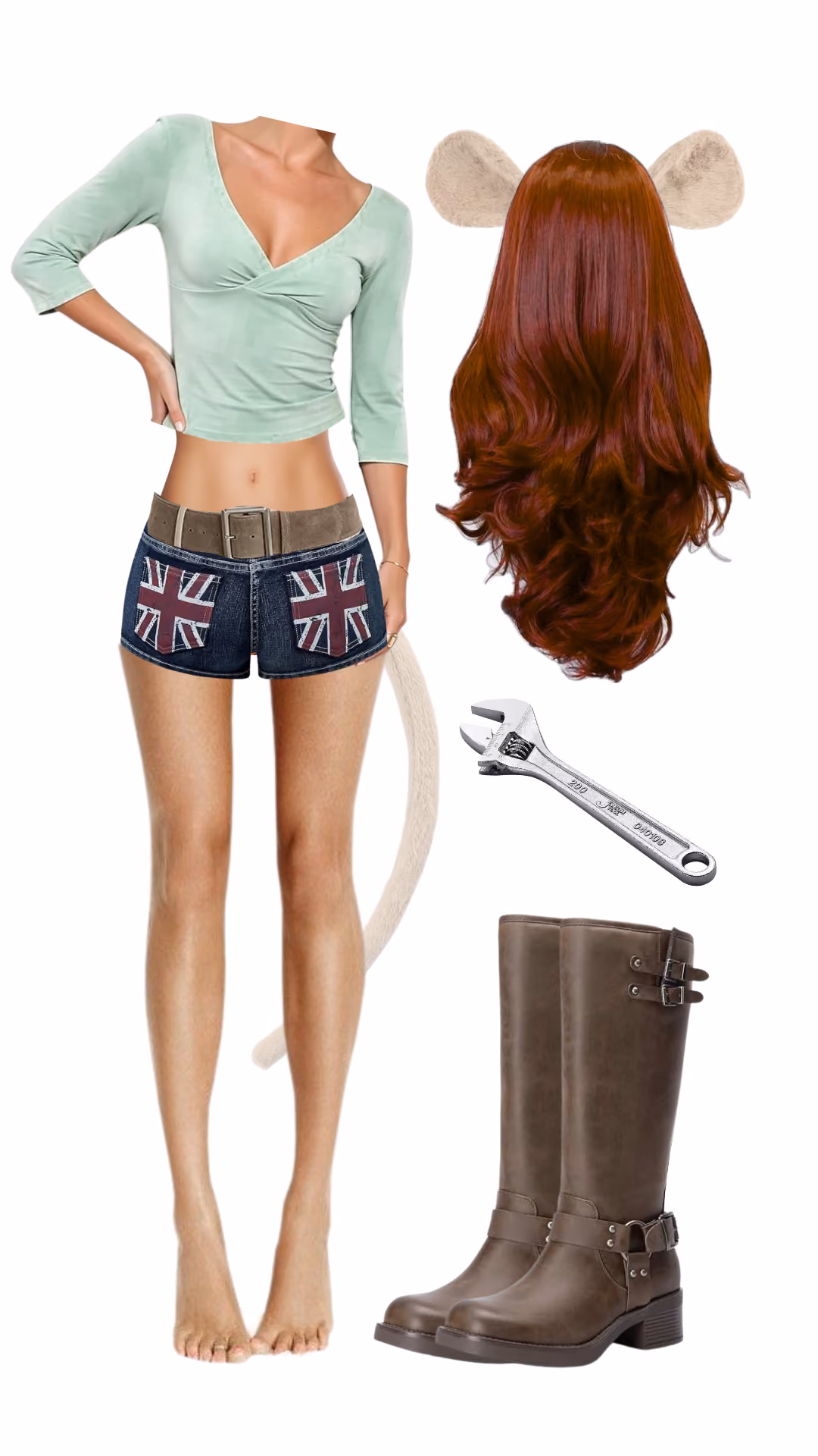 Rita (An American Tail)-inspired Halloween costume with sage green wrap crop top, denim Union Jack-pocket shorts with tan belt, mouse ear headband, auburn wavy wig, mouse tail, prop wrench, and brown knee-high boots