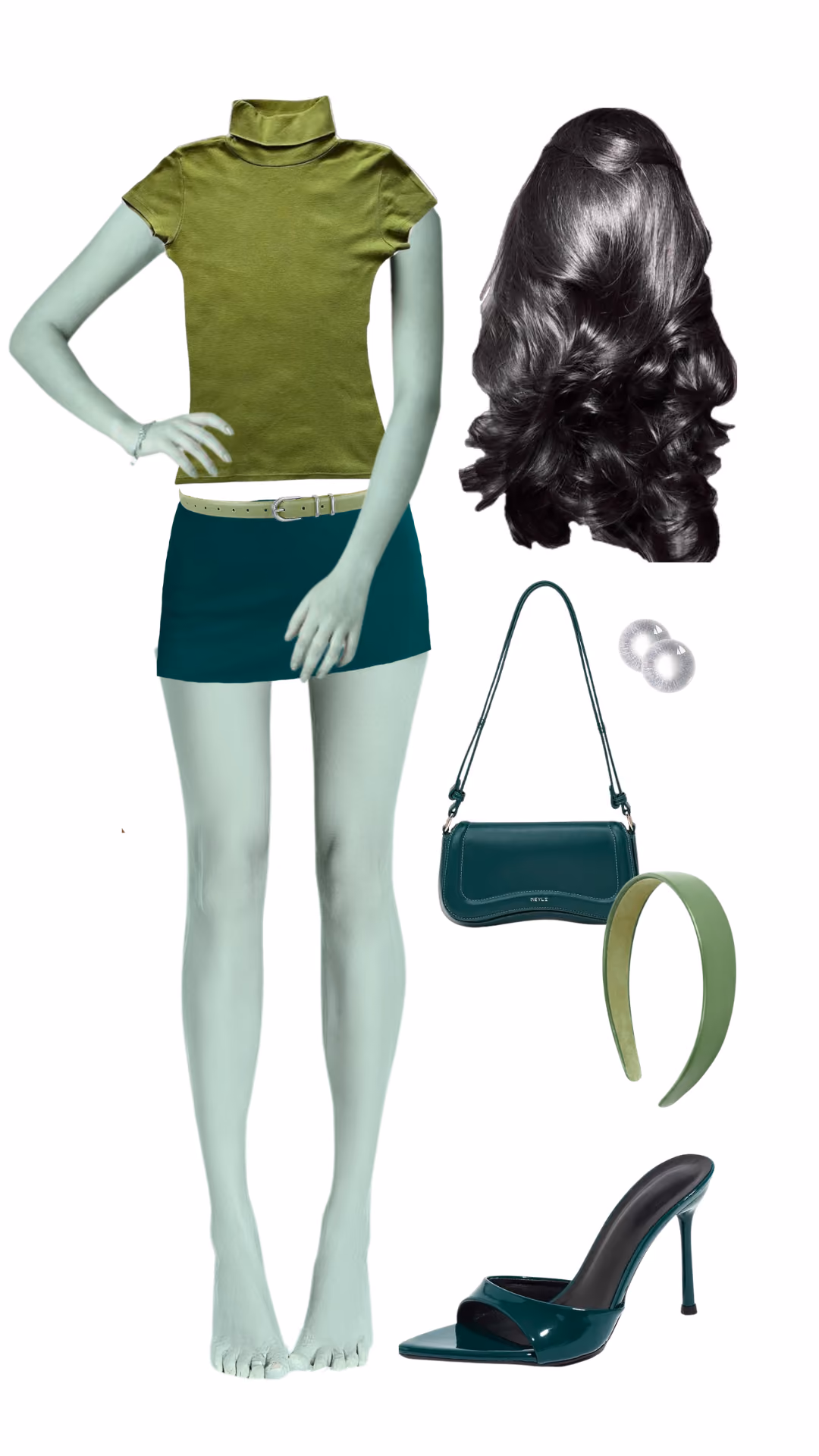 Scarah Screams (Monster High)-inspired Halloween costume with olive green turtleneck crop top, dark teal mini skirt, olive belt, long black wavy wig, olive headband, white contact lenses, dark teal shoulder bag, and dark teal patent mule heels