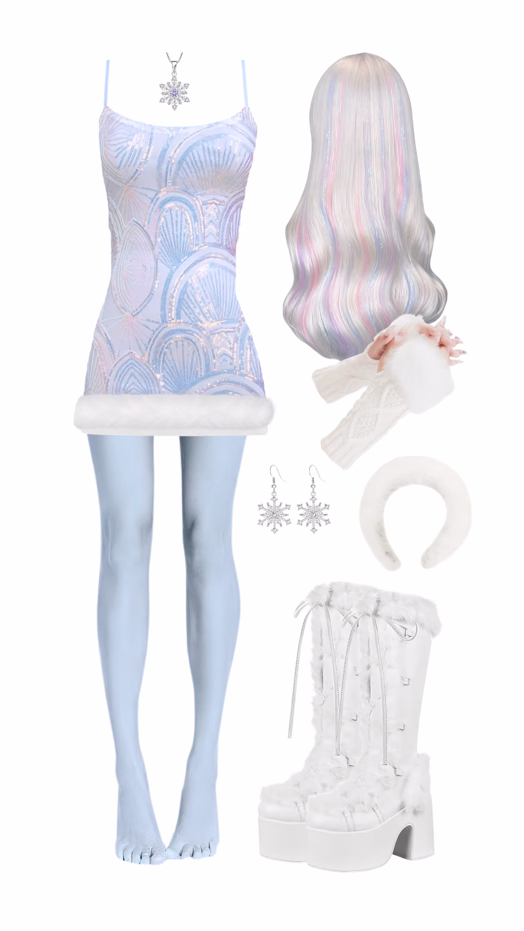 Abbey Bominable (Monster High)-inspired Halloween costume with iridescent pastel sequin mini dress with white fur trim, pastel holographic long wavy wig, snowflake pendant necklace and earrings, white fur arm warmers, white fur headband, and white fur-trim platform boots