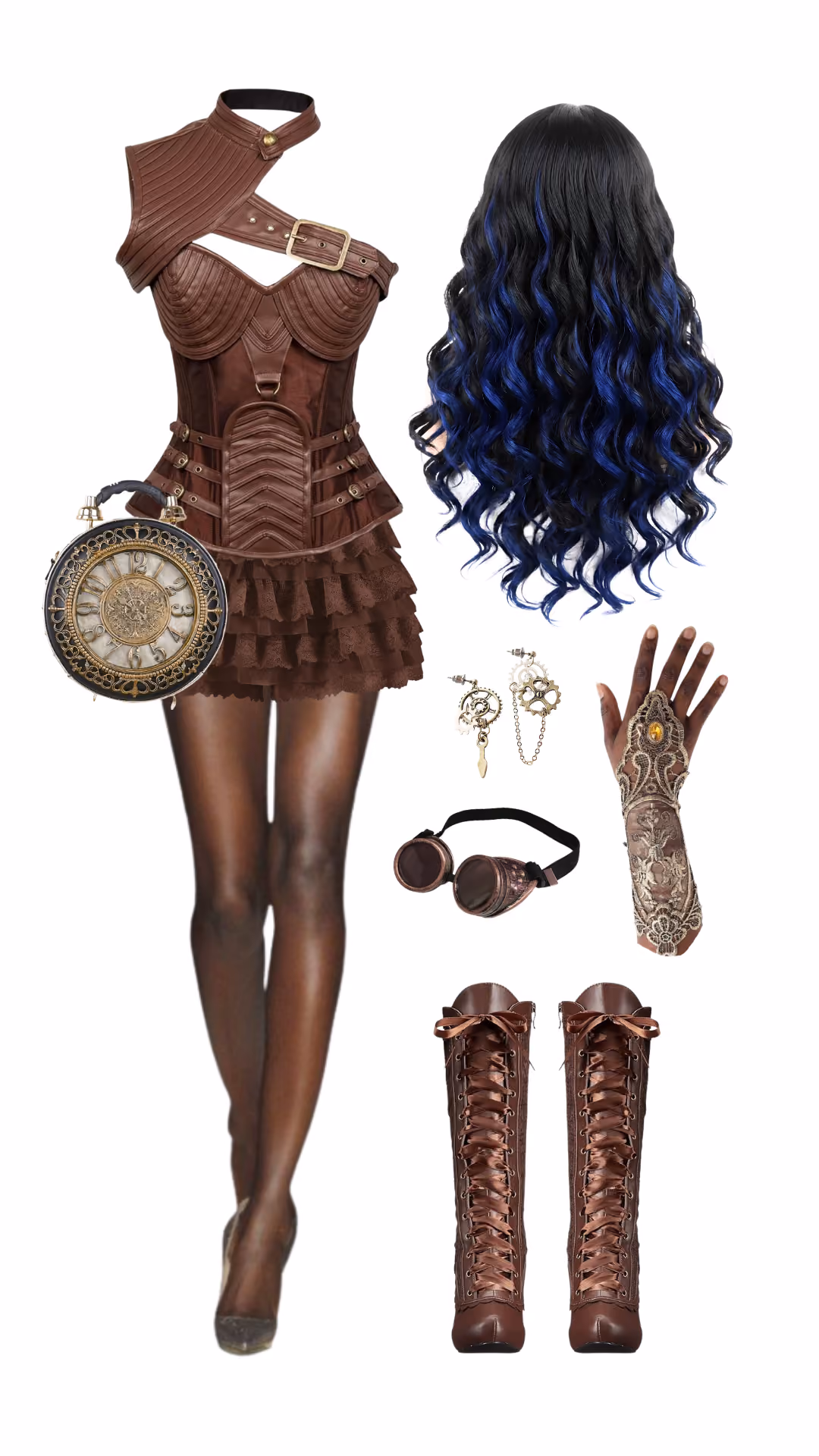 Robecca Steam (Monster High)-inspired Halloween costume with brown steampunk corset with shoulder harness and buckle detail, brown tiered ruffle mini skirt, black and blue ombre wavy wig, gear-charm earrings, steampunk goggles, lace arm tattoo sleeve, clock-shaped handbag, and brown lace-up knee-high boots
