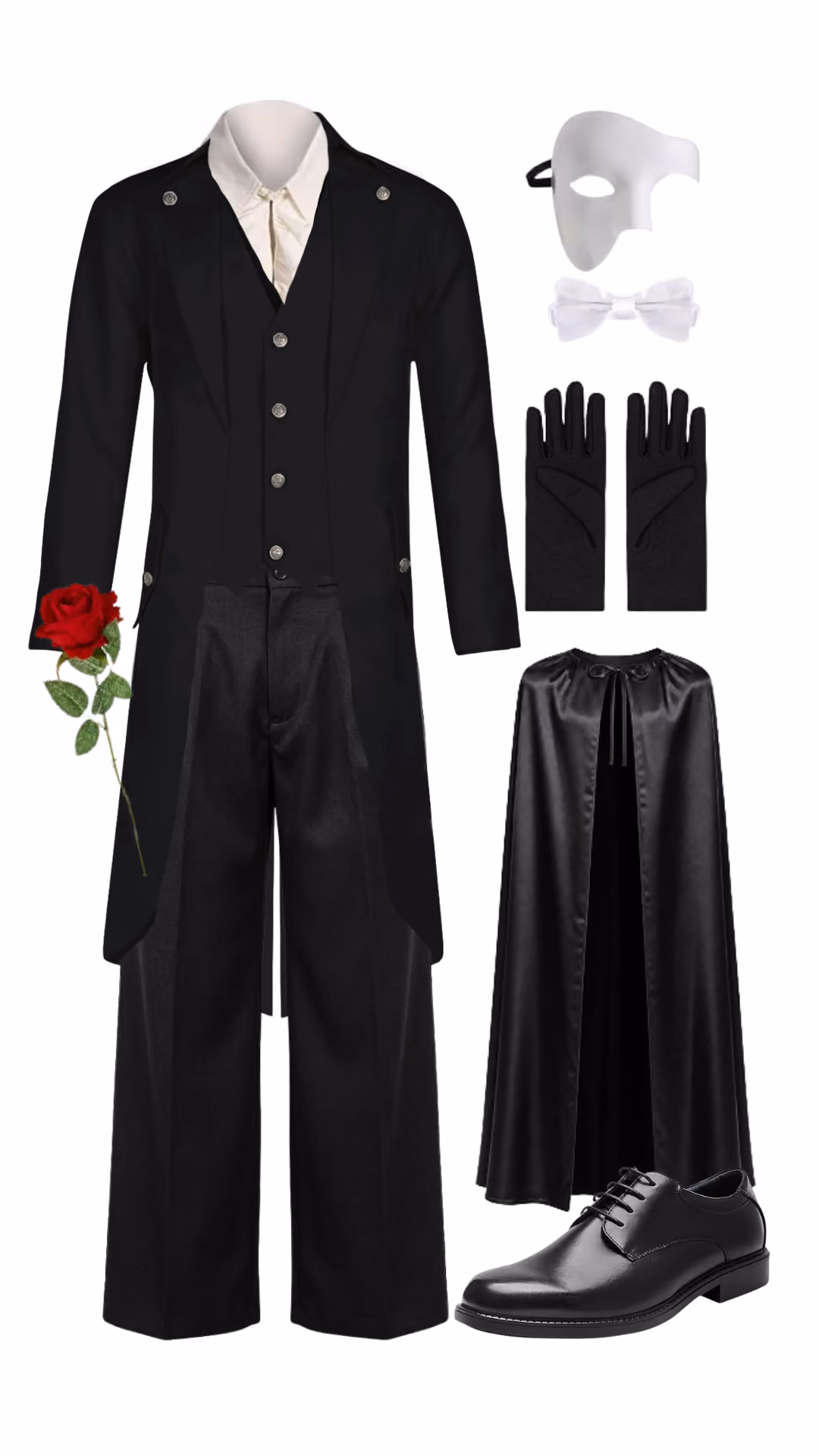 Phantom of the Opera-inspired Halloween costume with black tailcoat over white shirt, white bow tie, black wide-leg trousers, white phantom mask, black gloves, black satin cape, red rose prop, and black oxford shoes