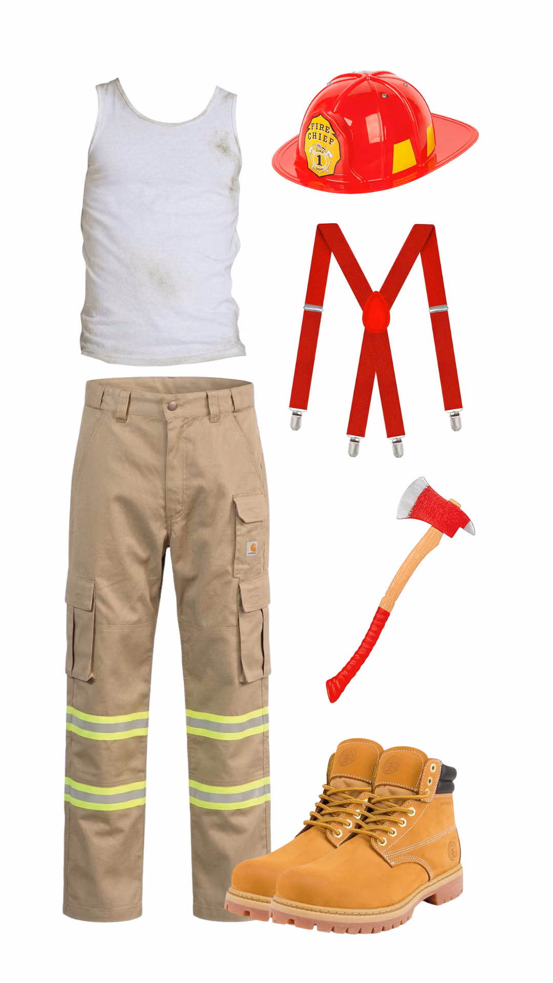 Fire Fighter-inspired Halloween costume with white tank top, khaki cargo pants with reflective stripes, red fire chief helmet, red suspenders, fire axe prop, and tan work boots