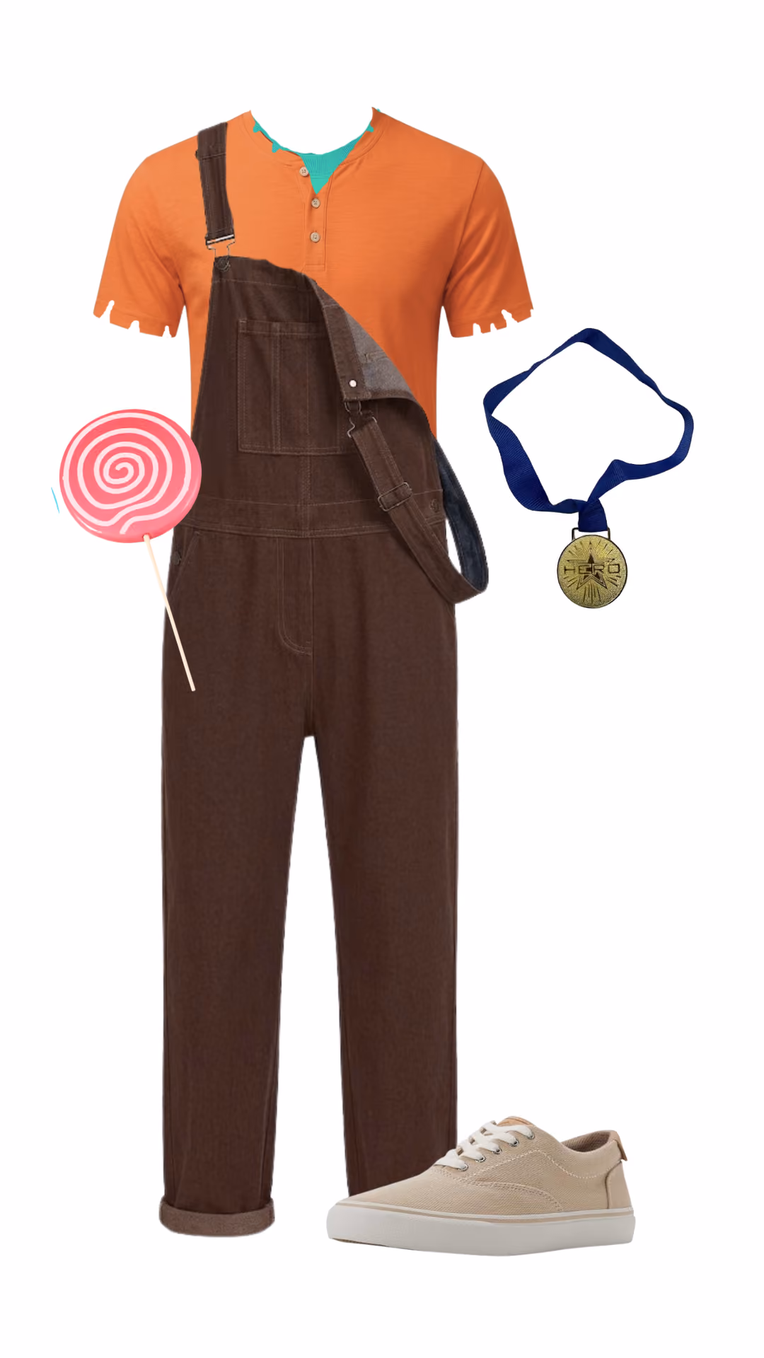 Wreck-It Ralph-inspired Halloween costume with orange graphic henley shirt, brown denim overalls, gold hero medal, and tan canvas sneakers