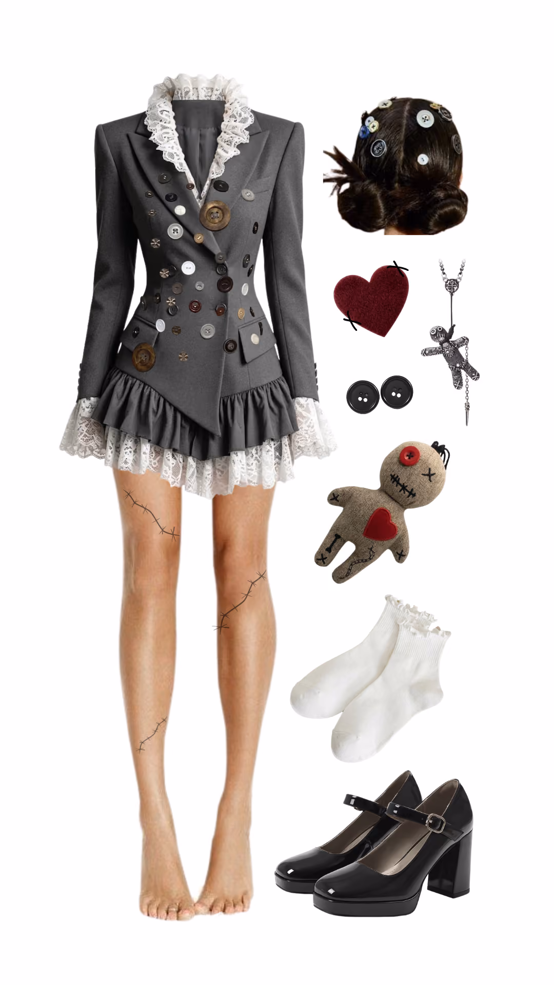 Voodoo Doll-inspired Halloween costume with gray blazer dress with lace trim and mismatched buttons, curly bun hairstyle with button hair clips, red felt heart pin, voodoo doll pendant necklace, plush voodoo doll prop, white ruffle socks, and black patent Mary Jane heels