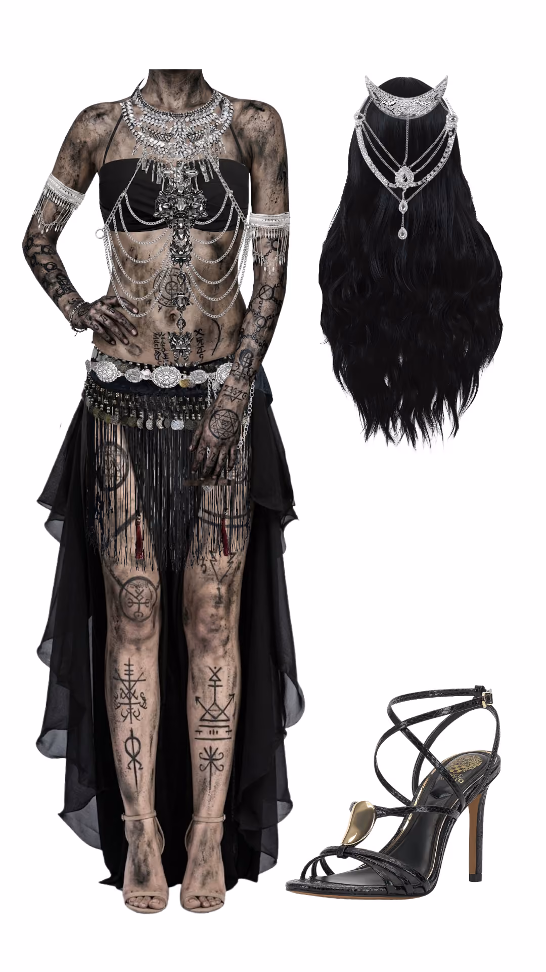 Enchantress-inspired Halloween costume with black bandeau top, silver chain body harness and statement bib necklace, silver fringe arm cuffs, silver coin belt, black fringe hip skirt, black chiffon high-low skirt, dark rune body paint, long black wavy wig with silver crescent moon headpiece, and black strappy stiletto heels
