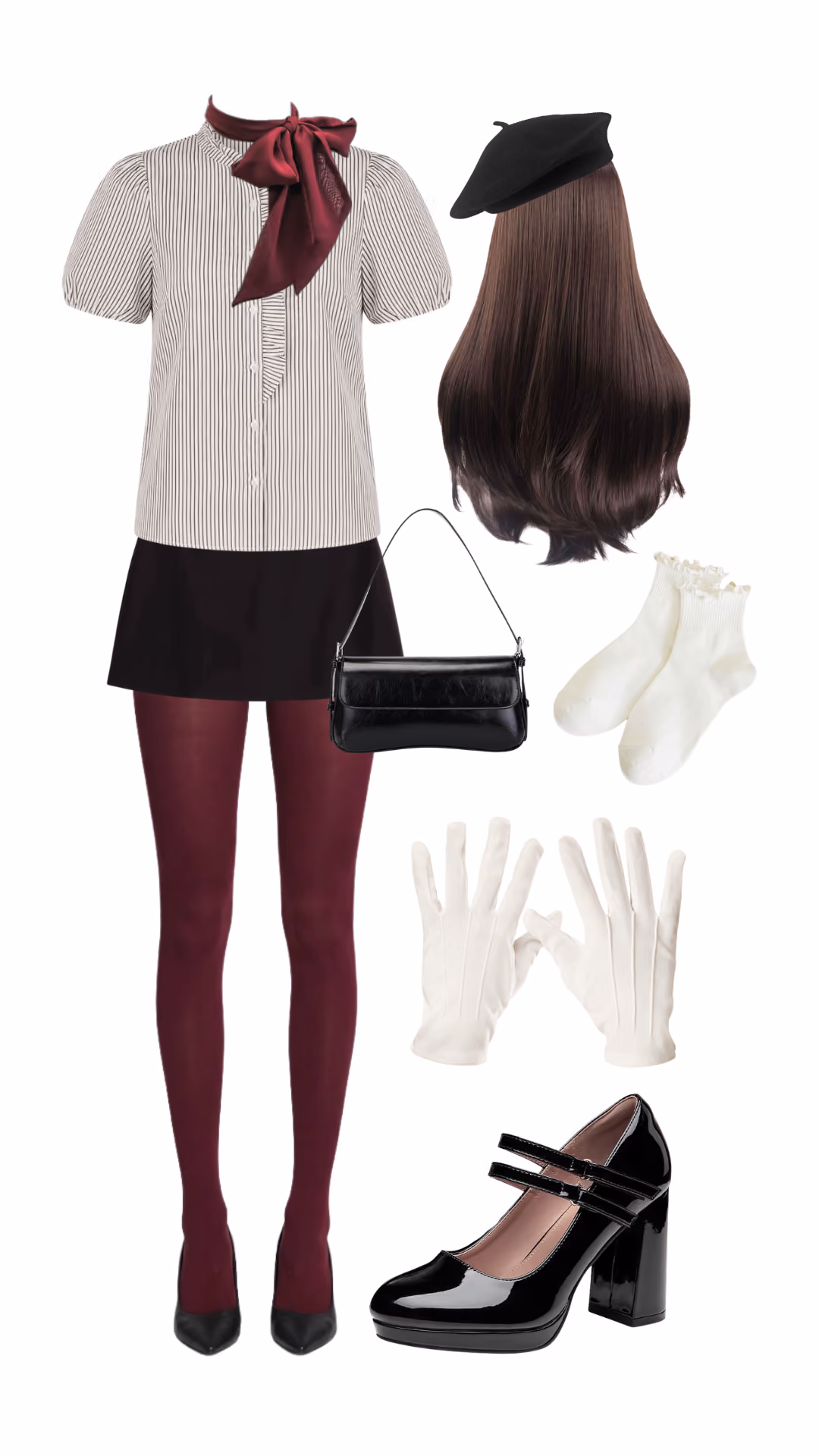 Mime-inspired Halloween costume with striped puff-sleeve ruffle blouse with burgundy satin neck bow, black mini skirt, burgundy opaque tights, long straight brown wig with black beret, white ruffle socks, white gloves, black patent shoulder bag, and black patent double-strap Mary Jane platform heels