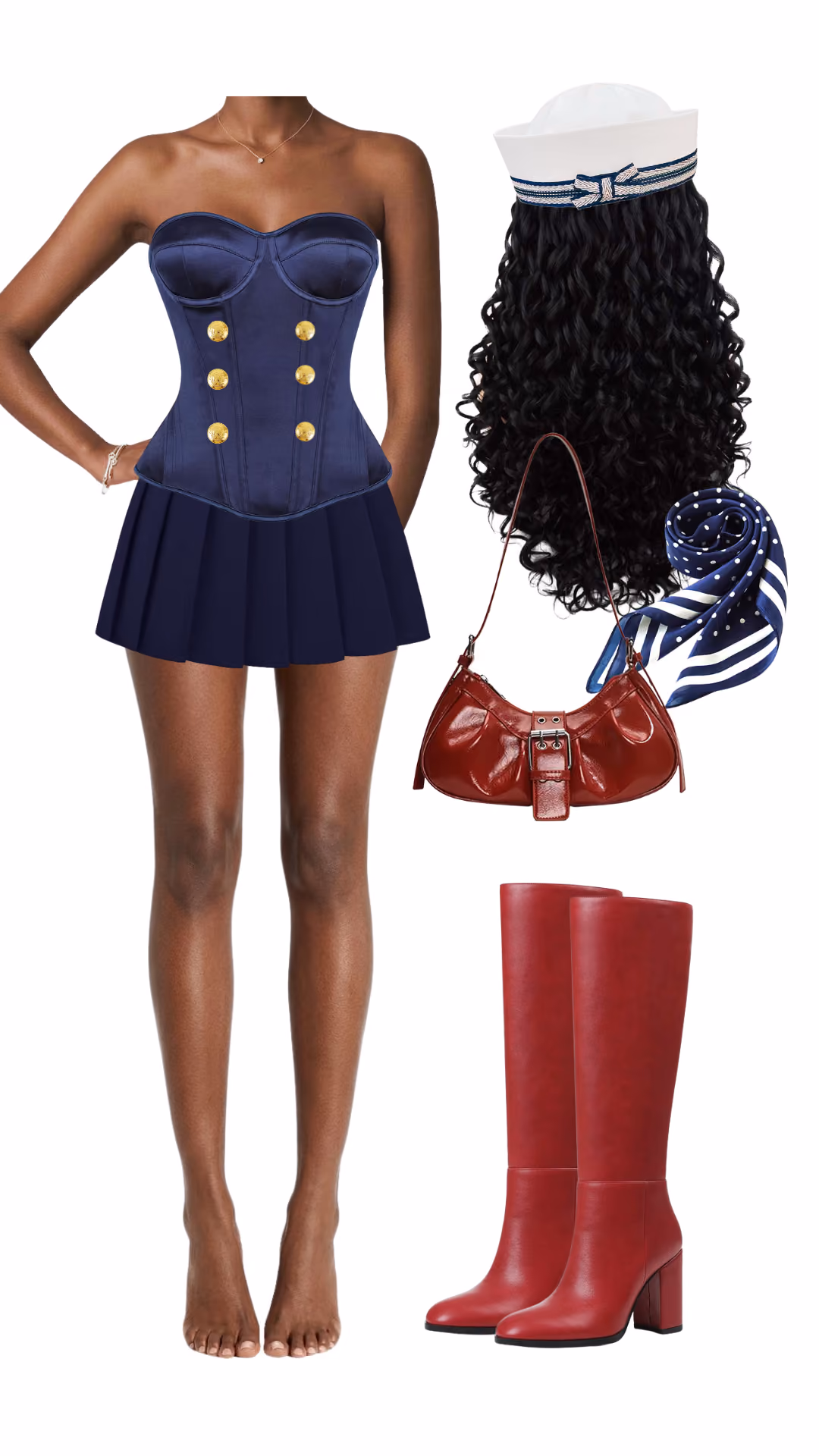 Sailor-inspired Halloween costume with navy satin double-breasted gold-button corset, navy pleated mini skirt, white sailor hat with striped ribbon, long black curly wig, navy polka-dot silk neck scarf, red patent buckle shoulder bag, and red knee-high block-heel boots