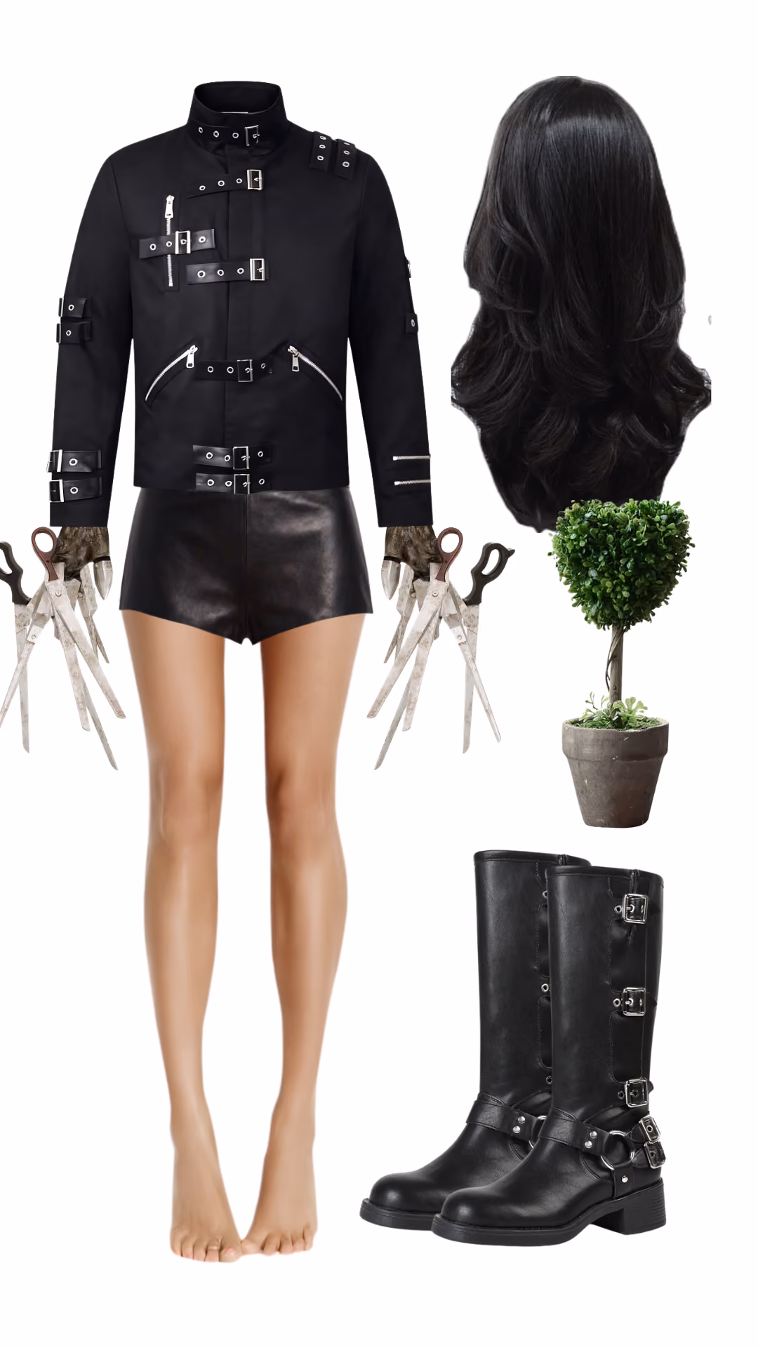 Edward Scissorhands-inspired Halloween costume with black buckle-strap zip jacket, black leather shorts, scissor hands glove props, long voluminous black wig, heart-shaped topiary plant prop, and black buckle harness knee-high boots