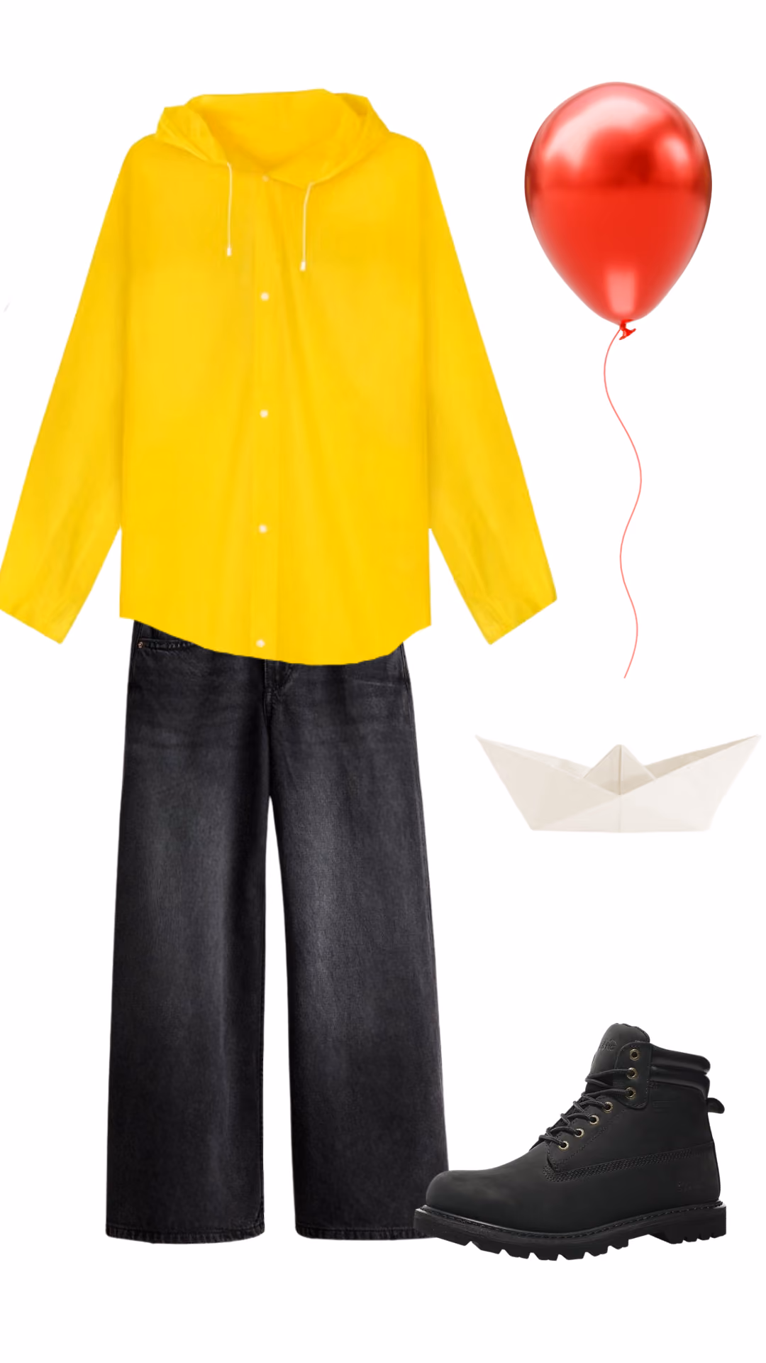 Georgie (IT)-inspired Halloween costume with yellow hooded raincoat with drawstrings, black wide-leg jeans, black lace-up work boots, red balloon prop, and paper boat prop