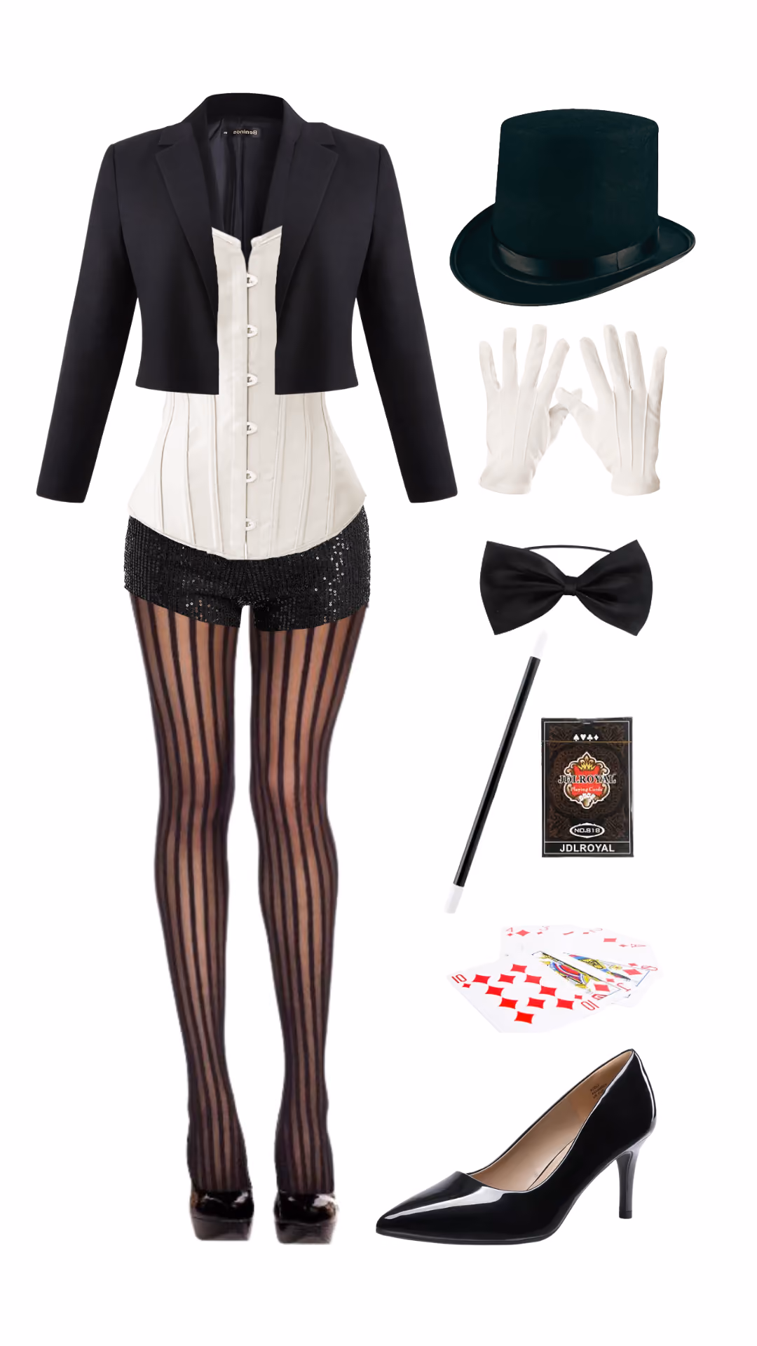 Magician-inspired Halloween costume with black cropped blazer over ivory corset, black sequin shorts, vertical-stripe sheer tights, black top hat, white gloves, black bow tie, magic wand prop, playing cards props, and black patent pointed pumps