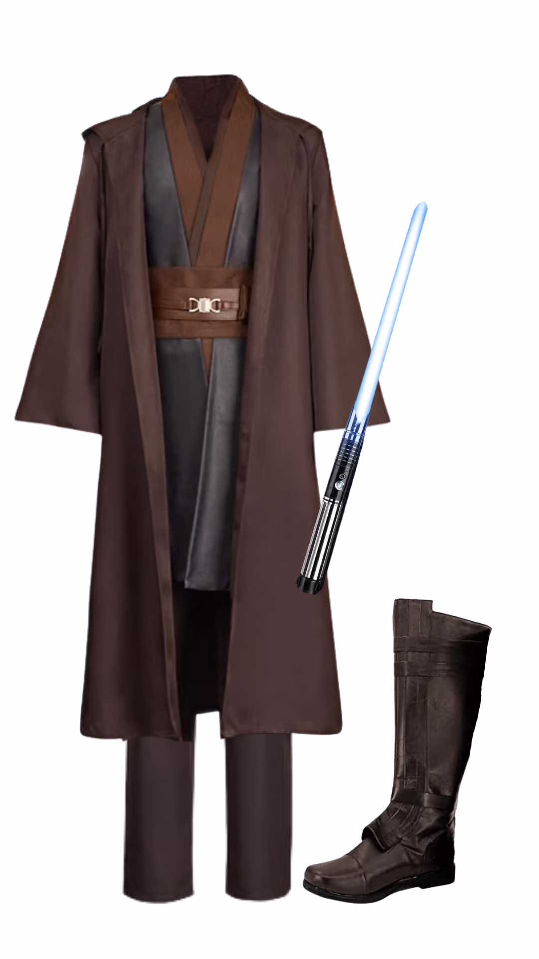 Anakin Skywalker (Star Wars)-inspired Halloween costume with brown hooded Jedi robe over faux-leather tunic, brown obi belt with metal clasp, brown trousers, blue lightsaber prop, and dark brown knee-high leather boots