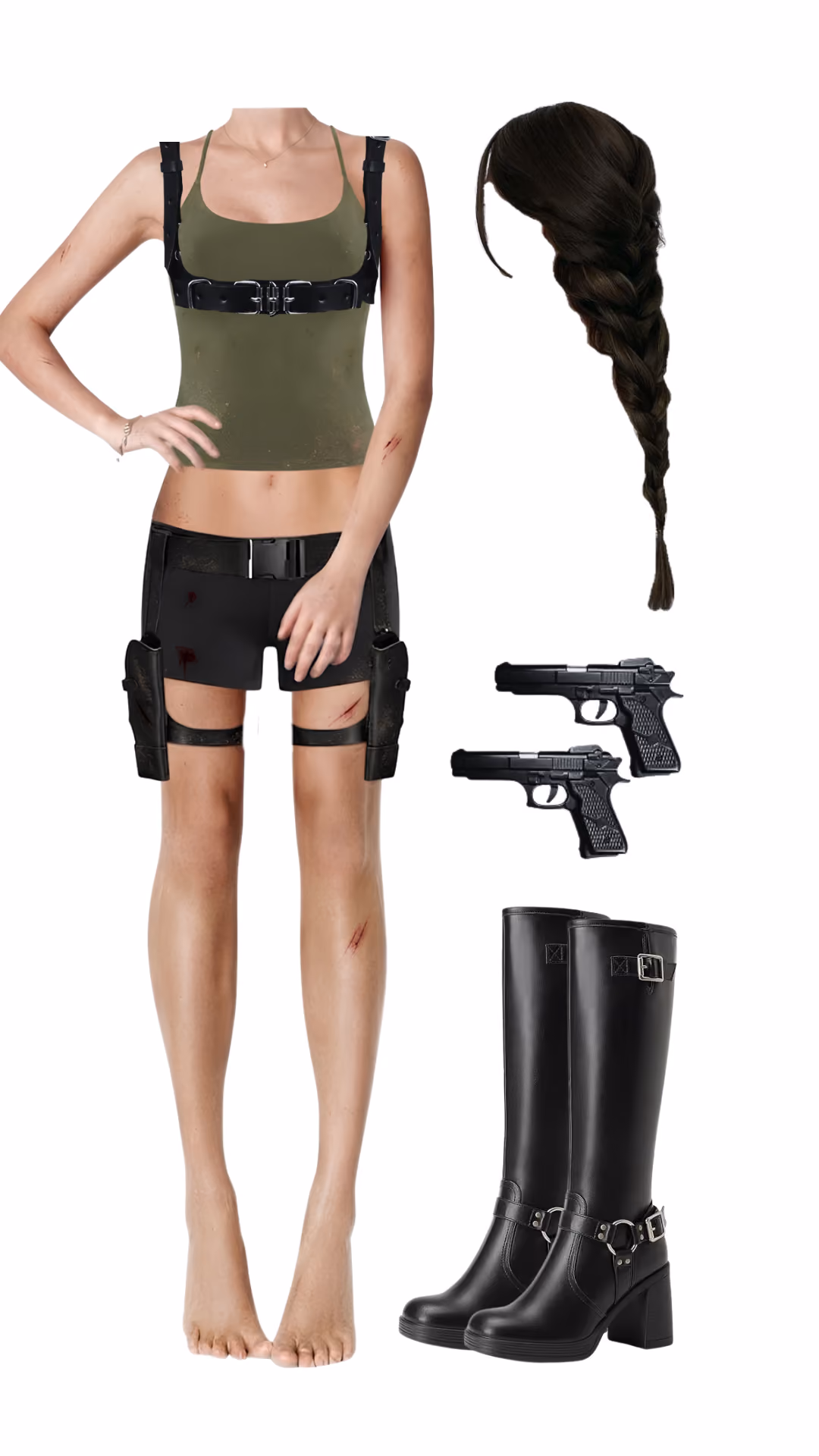 Lara Croft-inspired Halloween costume with an olive green tank top and black buckle harness, black cargo shorts with a thigh gun holster belt, a long braided brown wig, two toy pistols, and black knee-high buckle boots