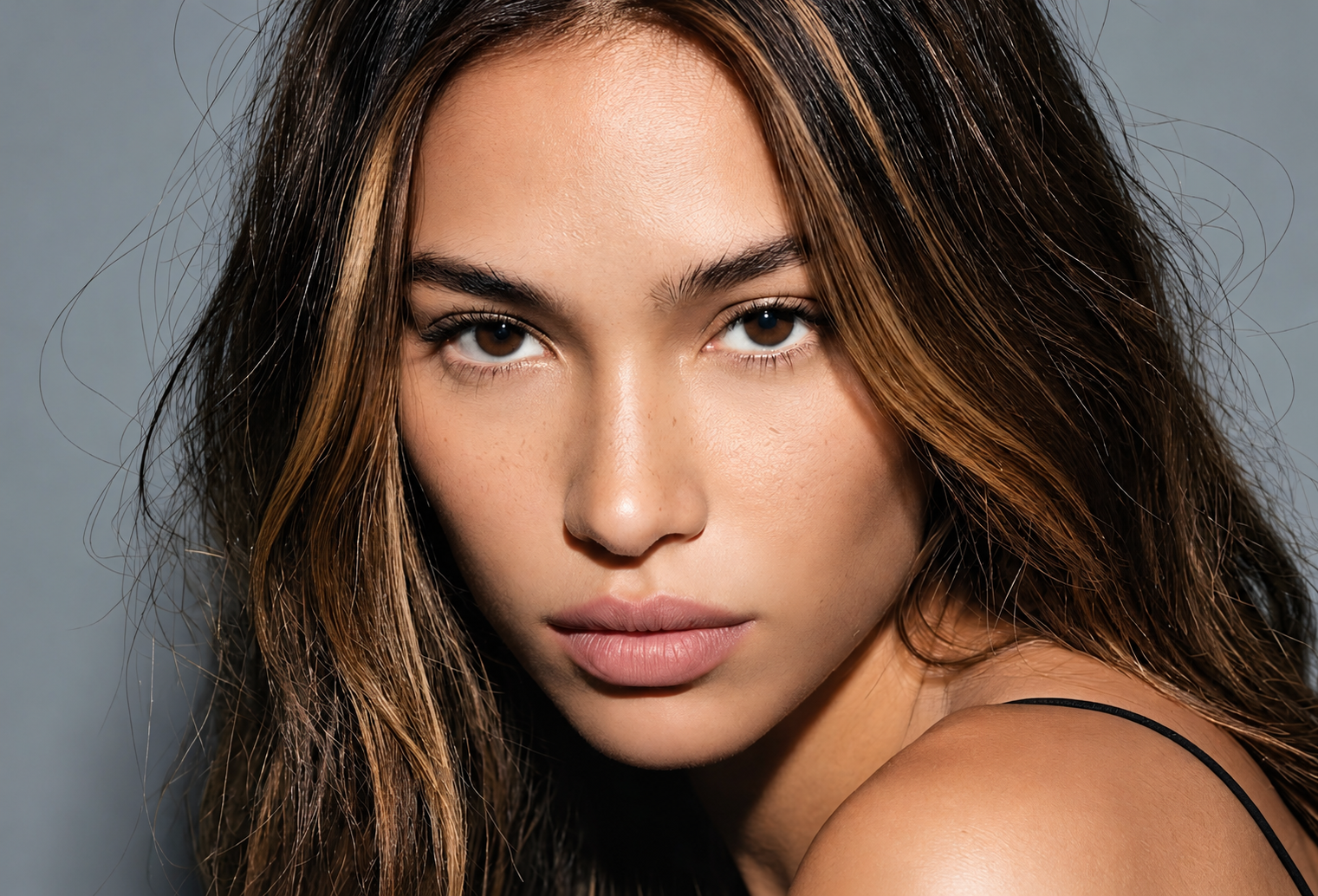 Close-up of lips with gloss and visible skin texture, highlighting hydration and natural finish